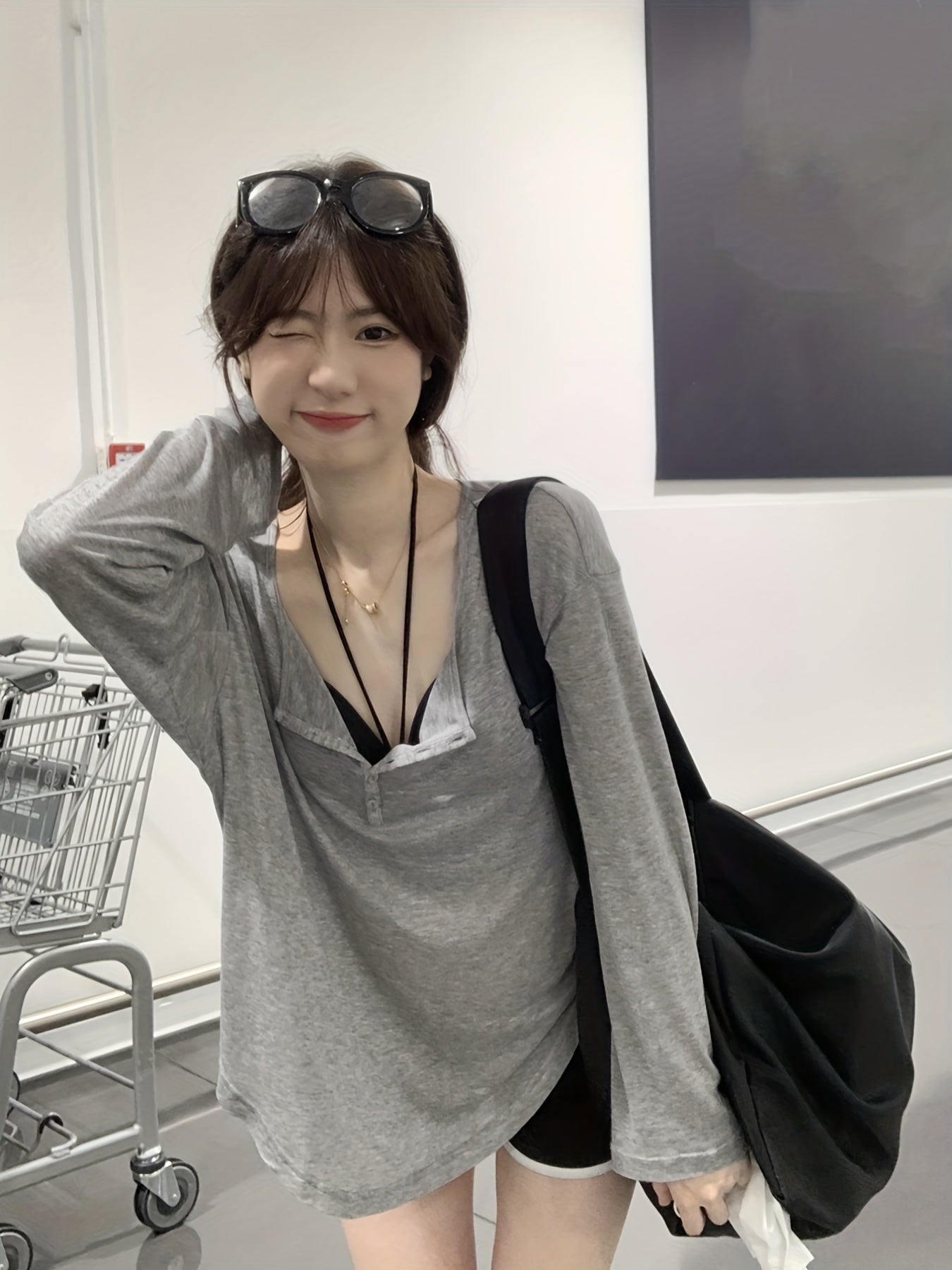 Sixsr Grey Single-breasted Scoop Neck Cover Up T-shirt Top, Long Sleeve Semi Sheer Loose Fit Solid Color Sun Protection Beach Coverup Shirt, Women's Swimwear & Clothing