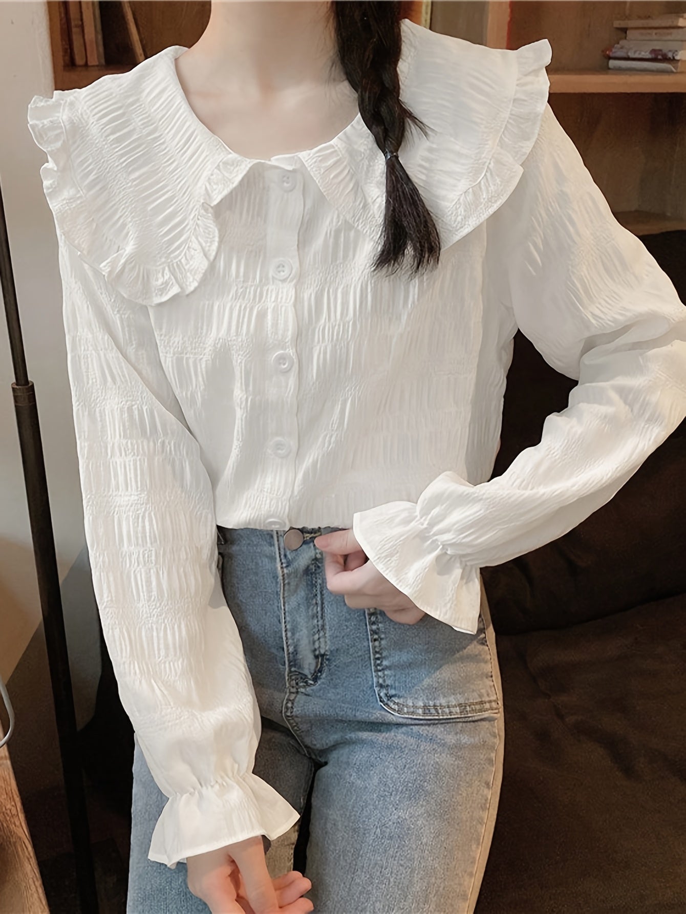Sixsr Solid Textured Peter Pan Collar Blouse, Sweet Long Sleeve Button Front Blouse For Spring & Fall, Women's Clothing