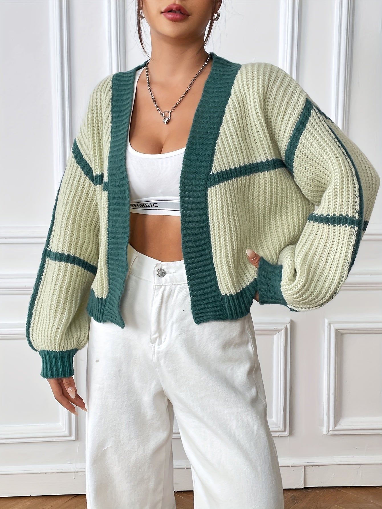Sixsr Contrast Trim Simple Crop Knit Cardigan, Casual Open Front Lantern Sleeve Sweater, Women's Clothing