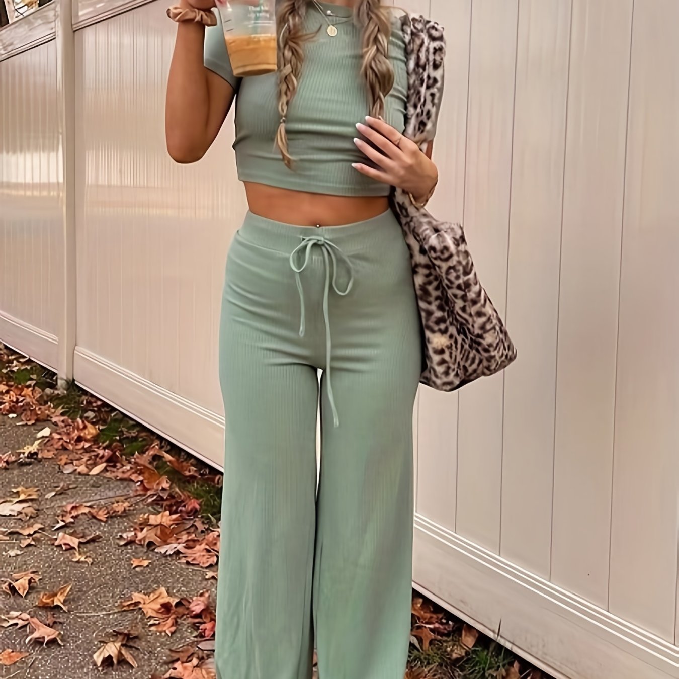 Sixsr Solid Casual Two-piece Set, Crew Neck Short Sleeve Tops & Drawstring Wide Leg Pants Outfits, Women's Clothing