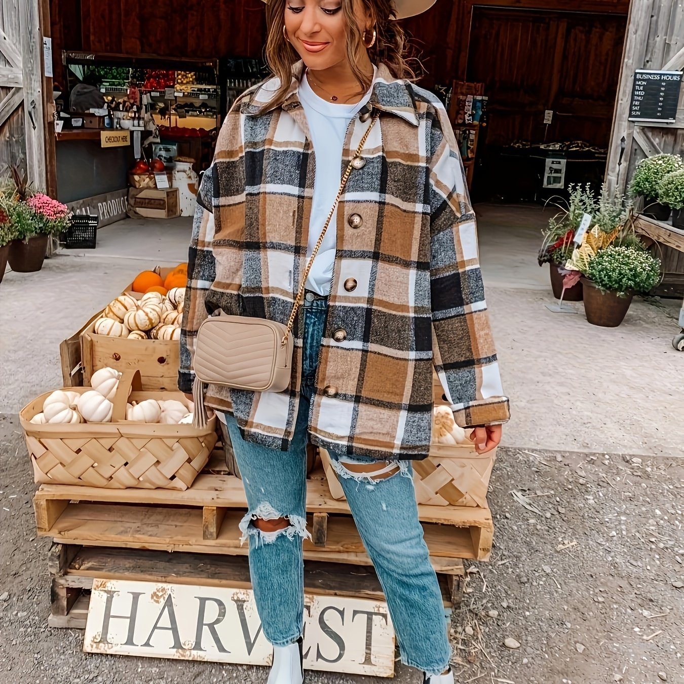 Sixsr Plus Size Casual Coat, Women's Plus Plaid Pattern Long Sleeve Button Up Lapel Collar Shacket