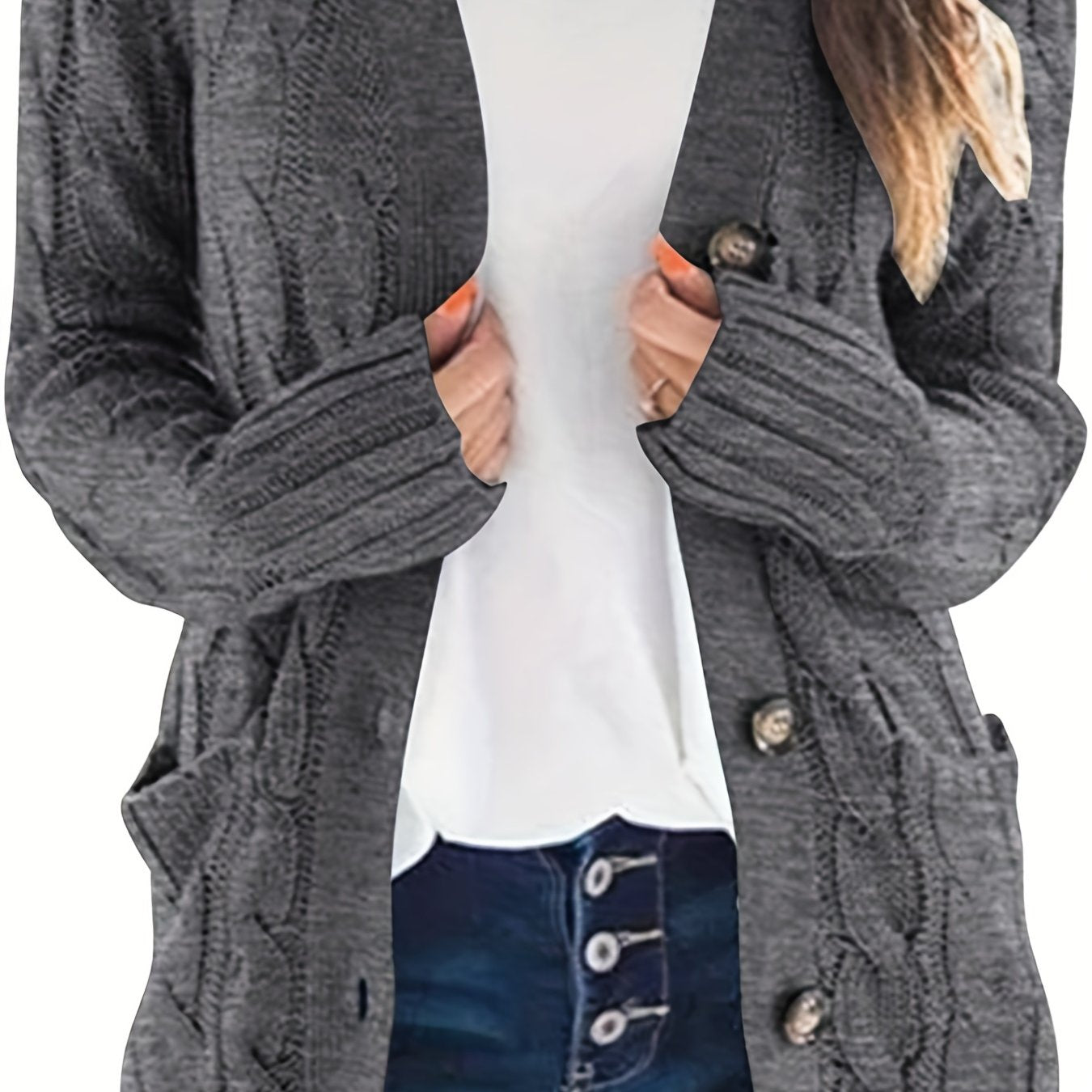 Sixsr Cable Knit Button Front Cardigan, Casual Solid Long Sleeve Cardigan For Fall & Winter, Women's Clothing