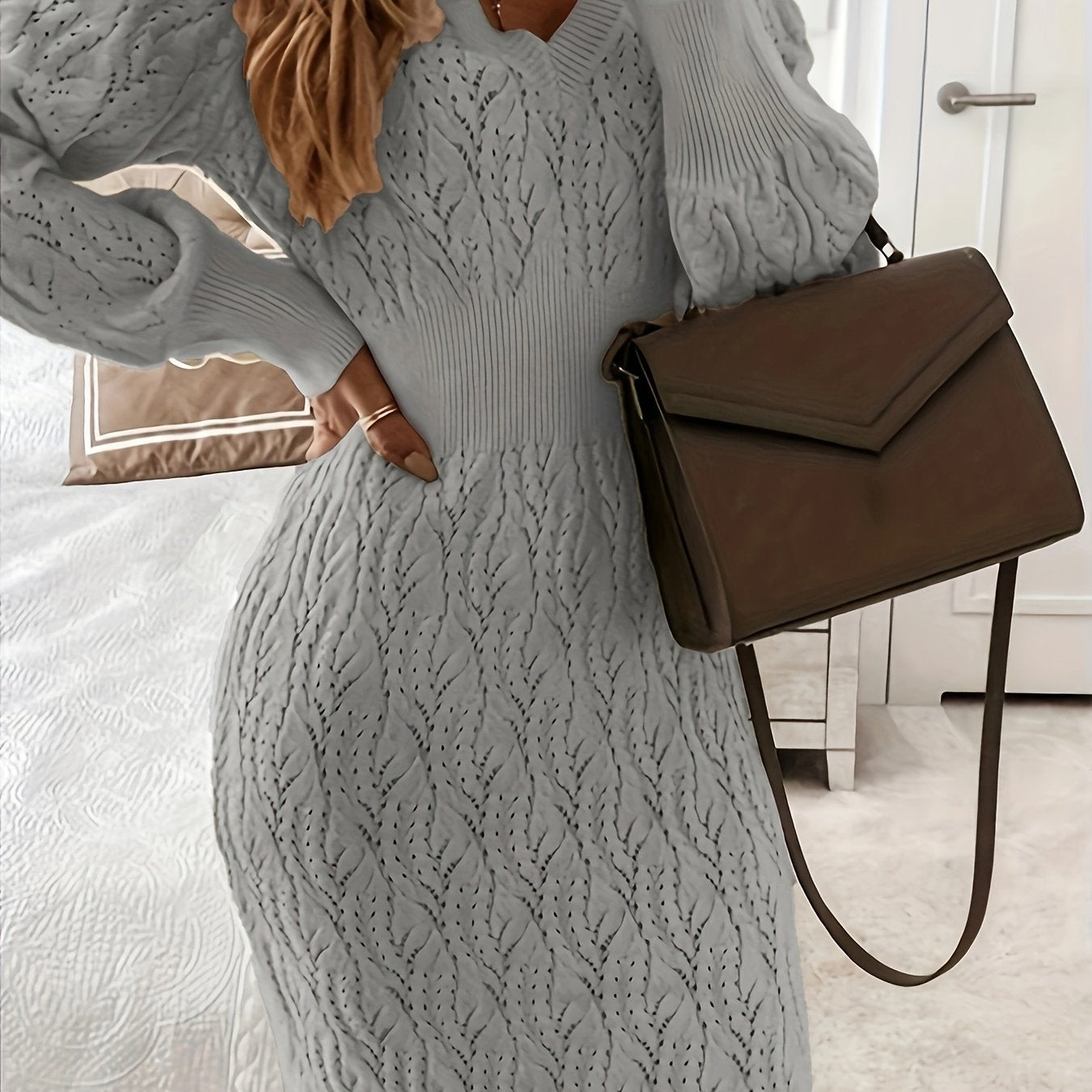 Sixsr Solid Eyelet Sweater Dress, Elegant V Neck Long Sleeve Midi Dress, Women's Clothing