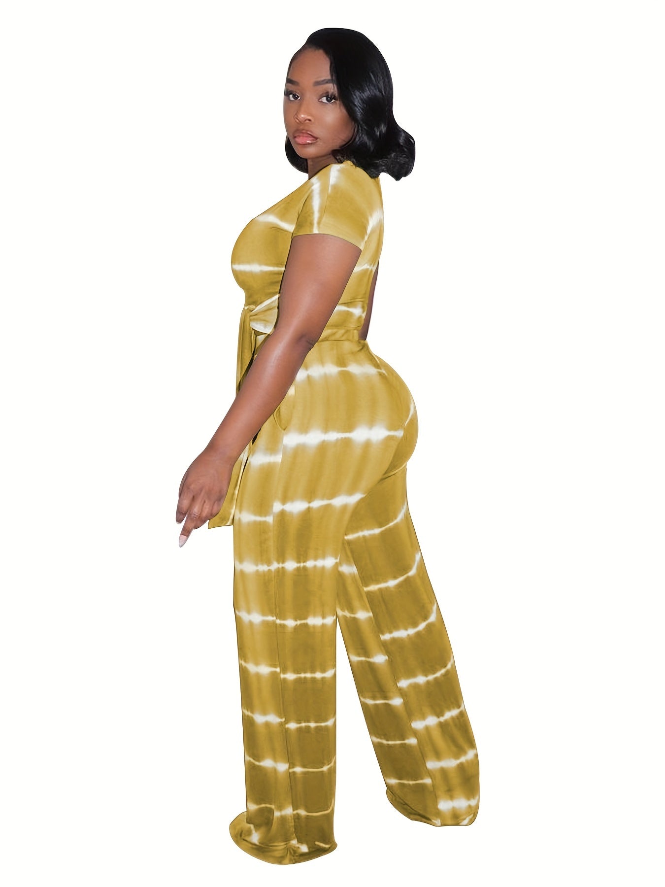two-piece Tie Dye Casual Set for Women - Short Sleeve Lace Up T-shirt and Straight Leg Pants Outfit for Comfortable and Stylish Look