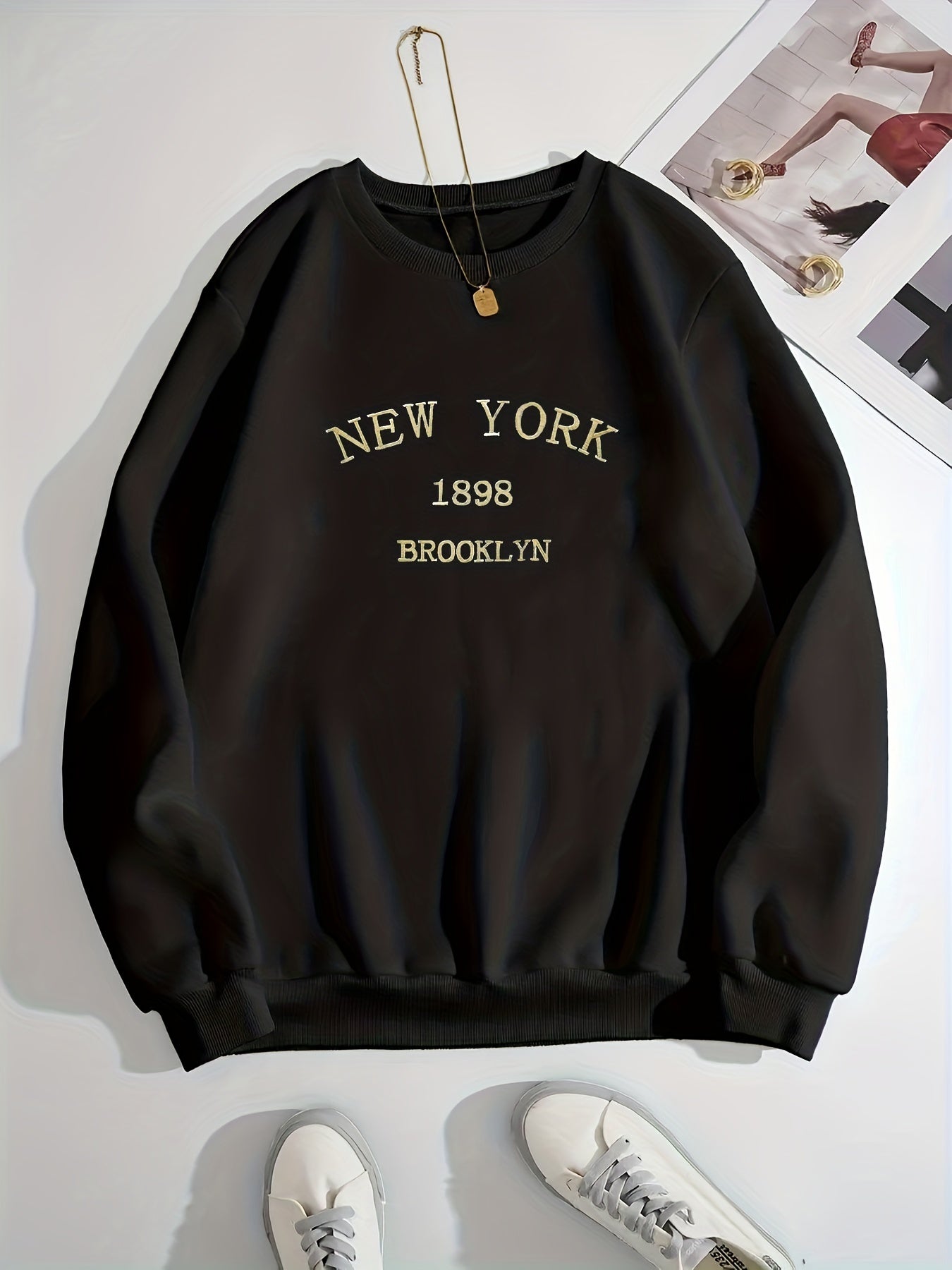 Sixsr New York Brooklyn Print Loose Sweatshirt, Casual Long Sleeve Crew Neck Sweatshirt, Women's Clothing
