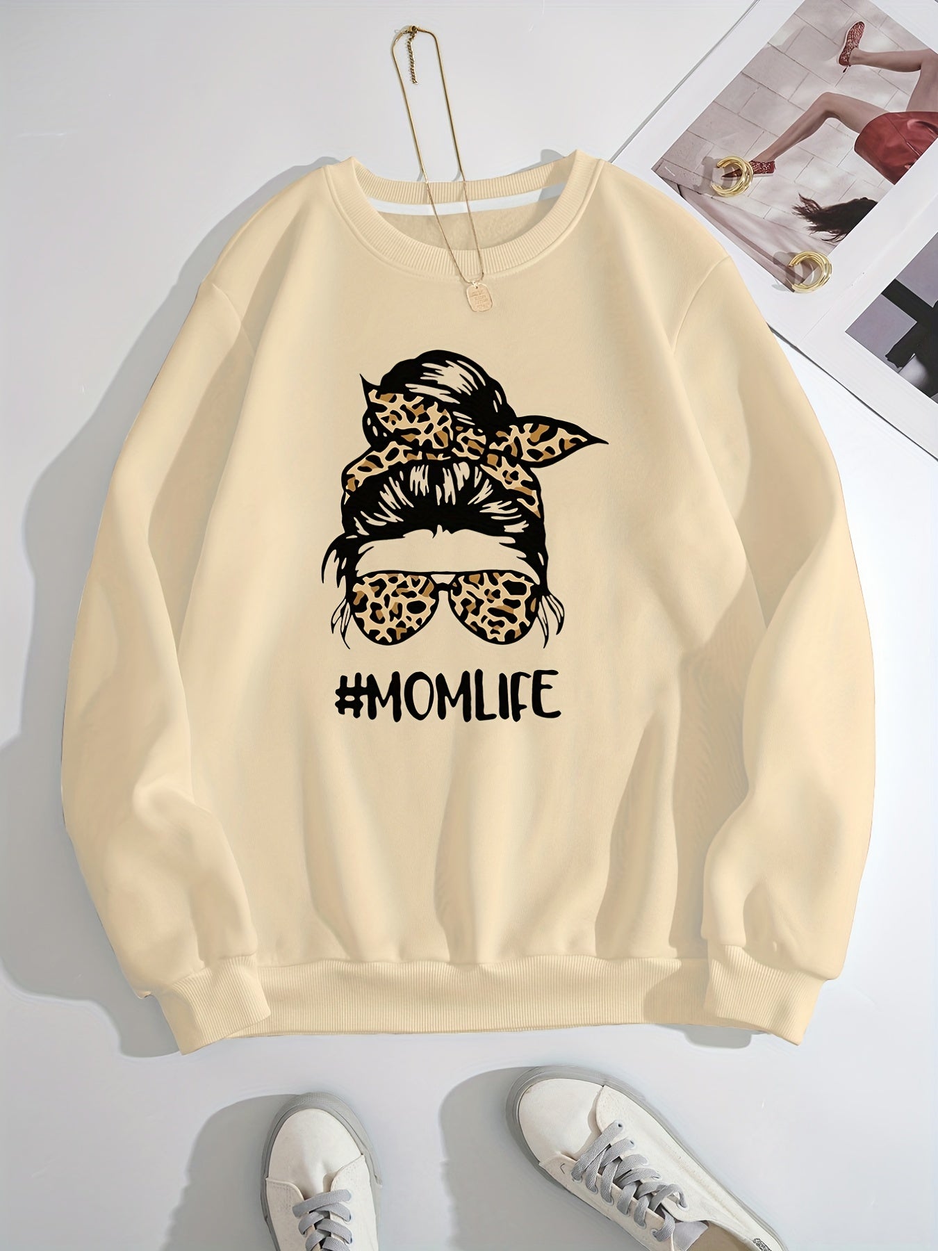 Sixsr Girl Graphic Print Solid Pullover, Crew Neck Long Sleeve Casual Every Day Sweatshirt, Women's Clothing