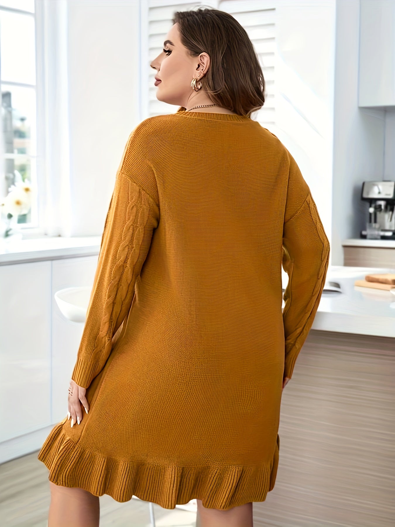 Sixsr Plus Size Casual Sweater Dress, Women's Plus Solid Cable Knit Round Neck Long Sleeve Ruffle Trim Slight Stretch Sweater Dress