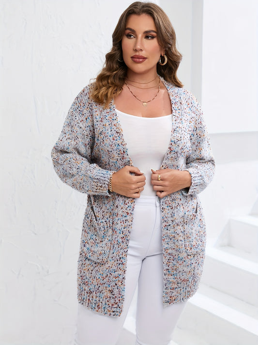 Sixsr Plus Size Ditsy Print Long Sleeve Oversized Pocket Cardigan, Women's Plus Casual Slight Stretch Sweater Cardigan