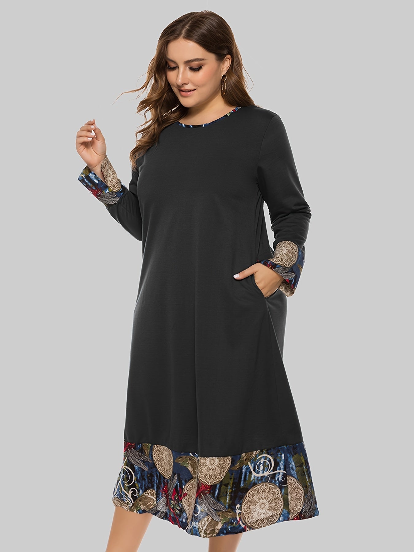 Sixsr Plus Size Colorblock Long Sleeve Maxi Dress, Women's Plus Round Neck Casual Long Dress