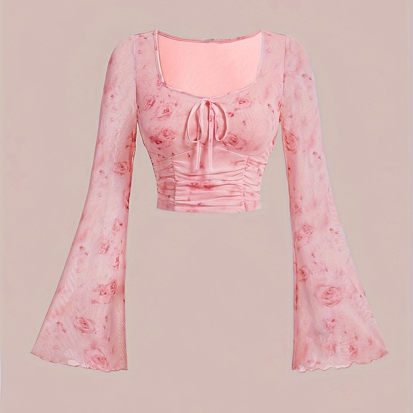 Sixsr Tie Dye Print Tie Front Ruched T-Shirt, Casual Long Flare Sleeve Top For Spring & Fall, Women's Clothing