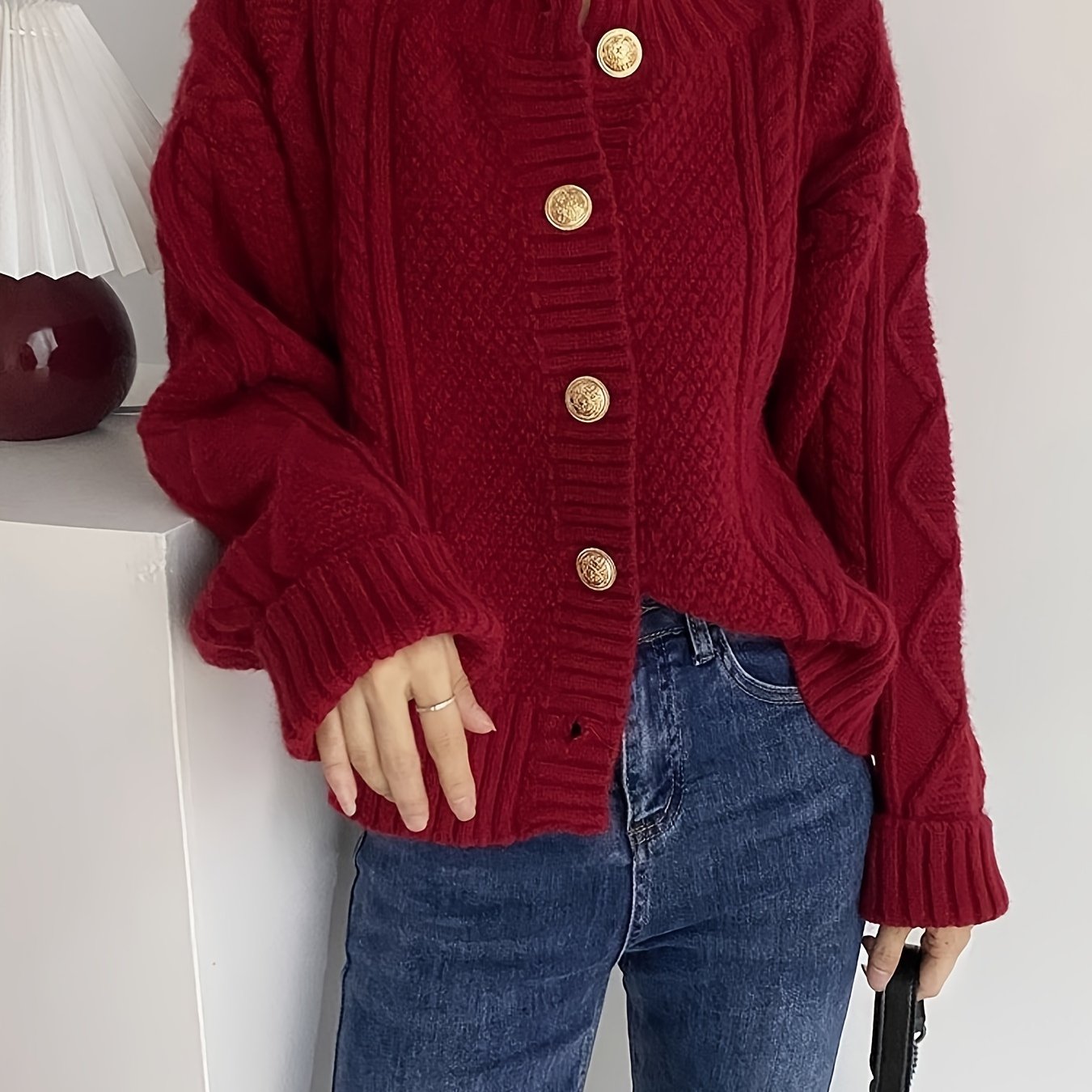 Sixsr Solid Single Breasted Simple Cardigan, Versatile Cable Knit Long Sleeve Cardigan For Spring & Fall, Women's Clothing