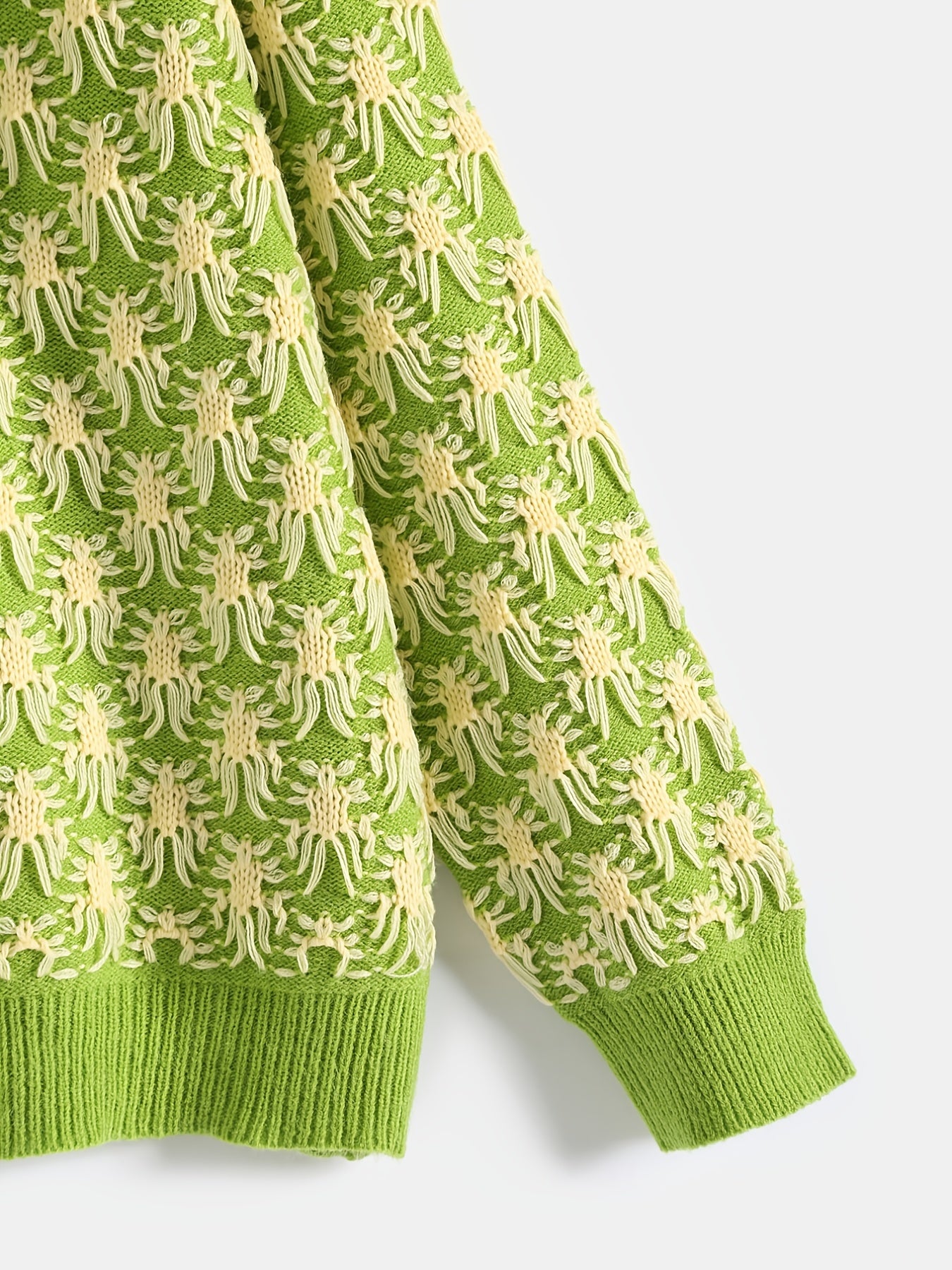 Sixsr Plus Size Jacquard Long Sleeve Knitwear, Women's Plus Casual Round Neck Slight Stretch Pullover Sweater