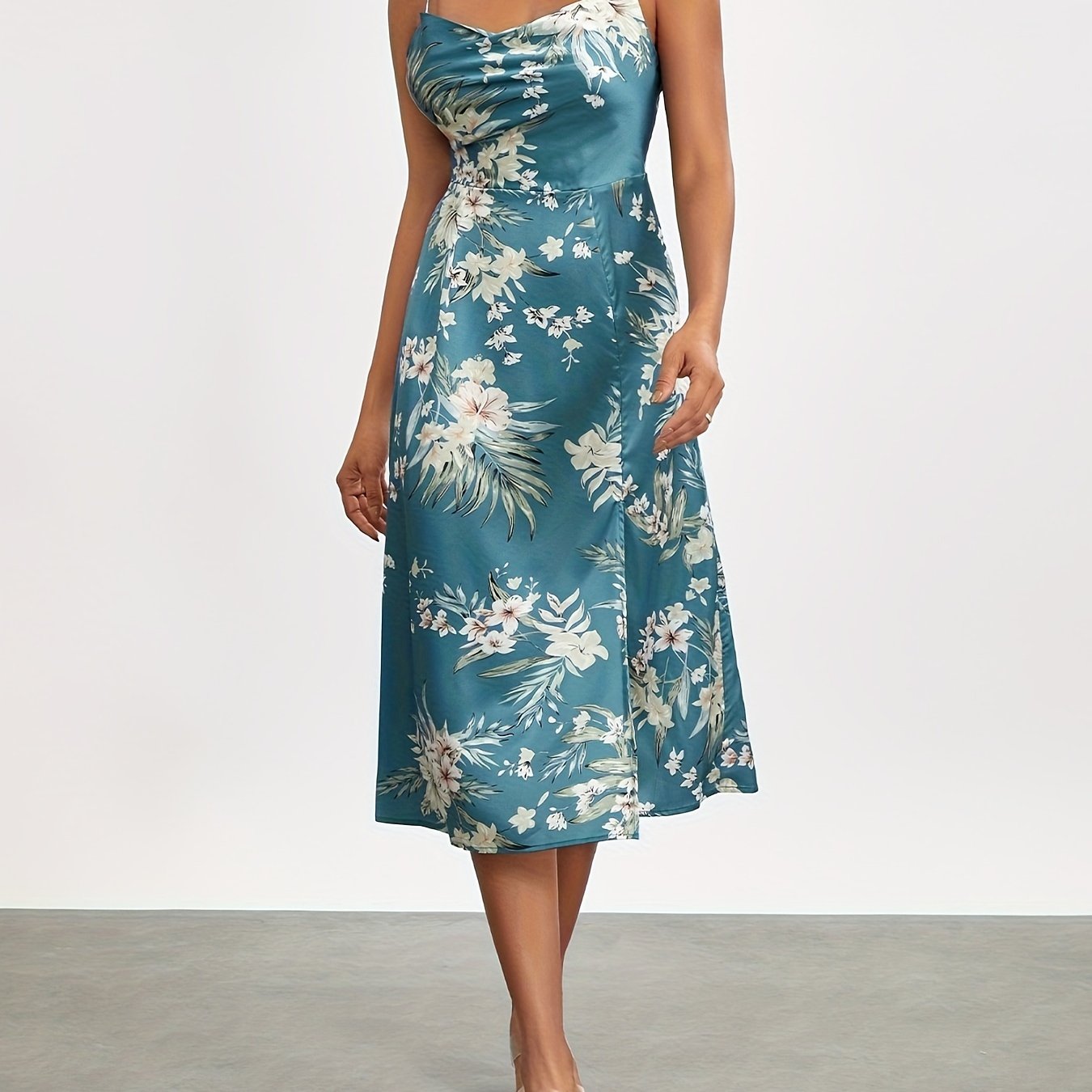 Sixsr Floral Print Cowl Neck Cami Dress, Elegant Sleeveless Ruffle Hem Dress For Summer, Women's Clothing