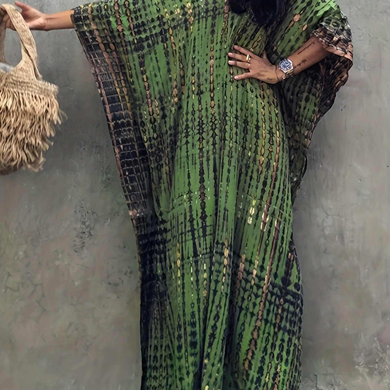 Sixsr V Neck Oversized Kaftan Dress, Bohemian Loose Beach Vacation Dress, Women's Clothing
