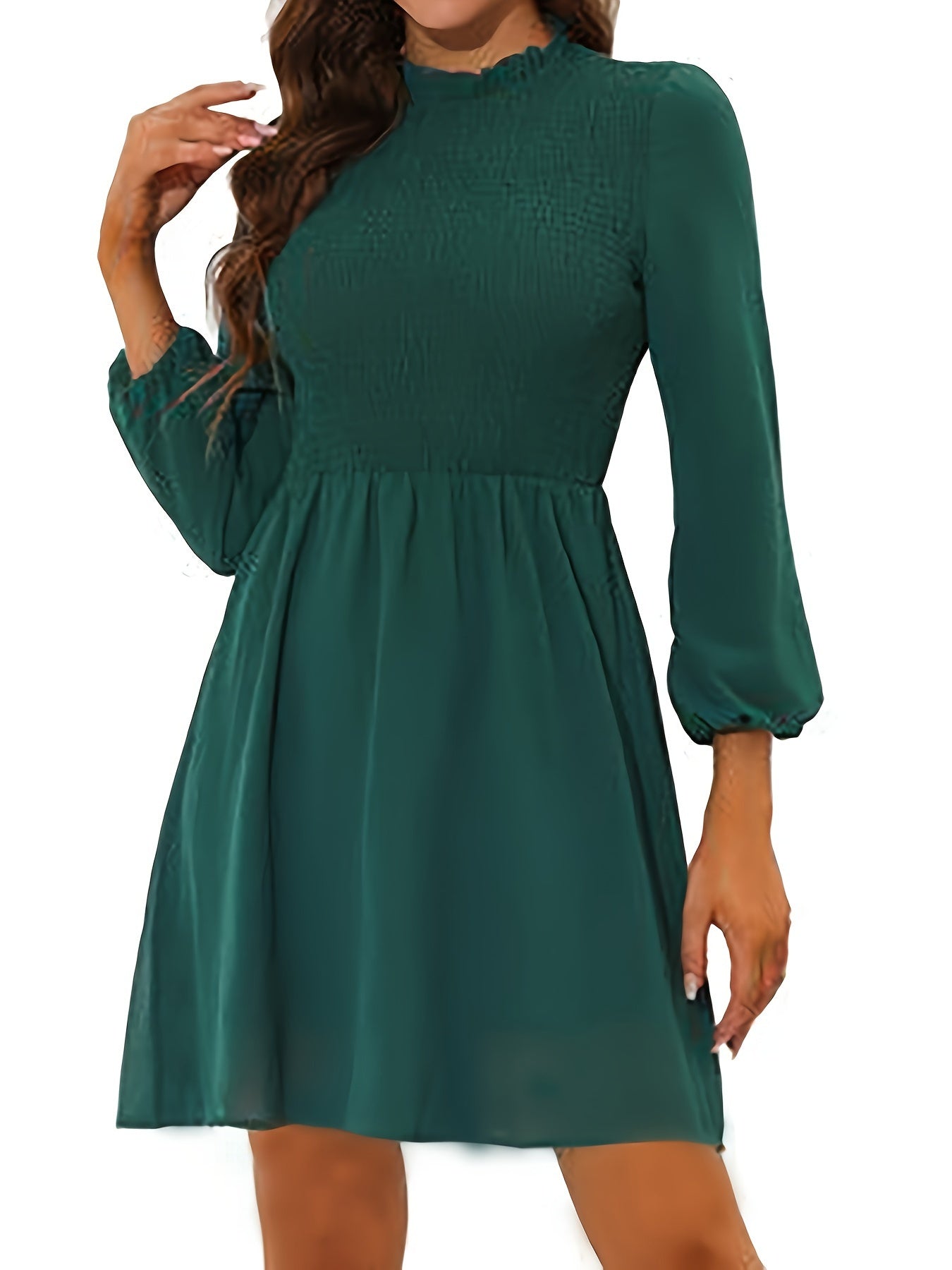 Sixsr Solid A-line Lantern Sleeve Dress, Casual Ruffle Trim Round Neck Dress For Spring & Fall, Women's Clothing