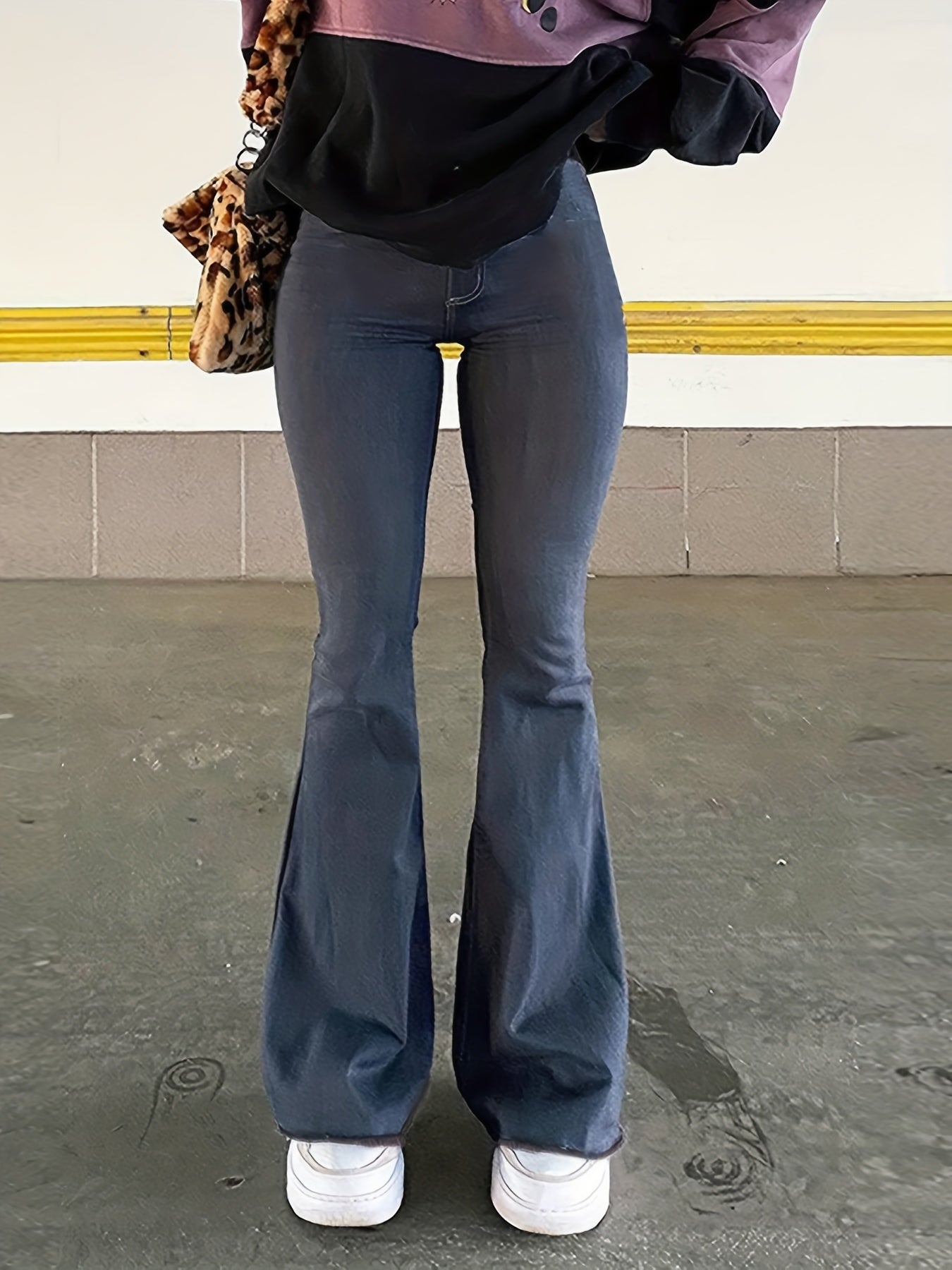 Sixsr Denim Print Flare Leg Pants, Vintage High Waist Pants For Fall & Winter, Women's Clothing