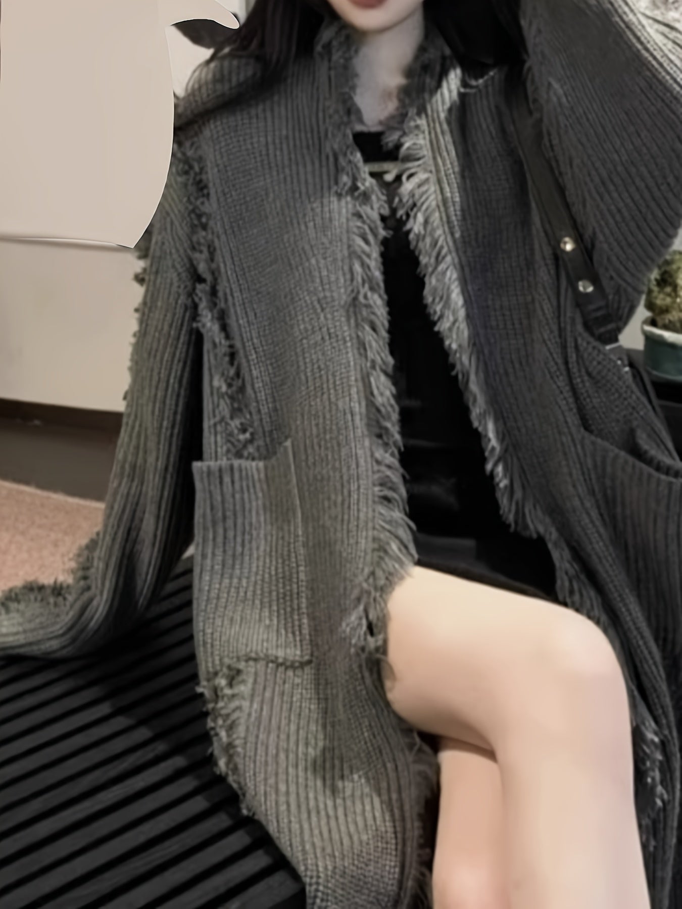 Sixsr Solid Color Open Front Loose Cardigans , Elegant Side Pockets Tassel Long Sleeve Top For Every Day, Women's Clothing