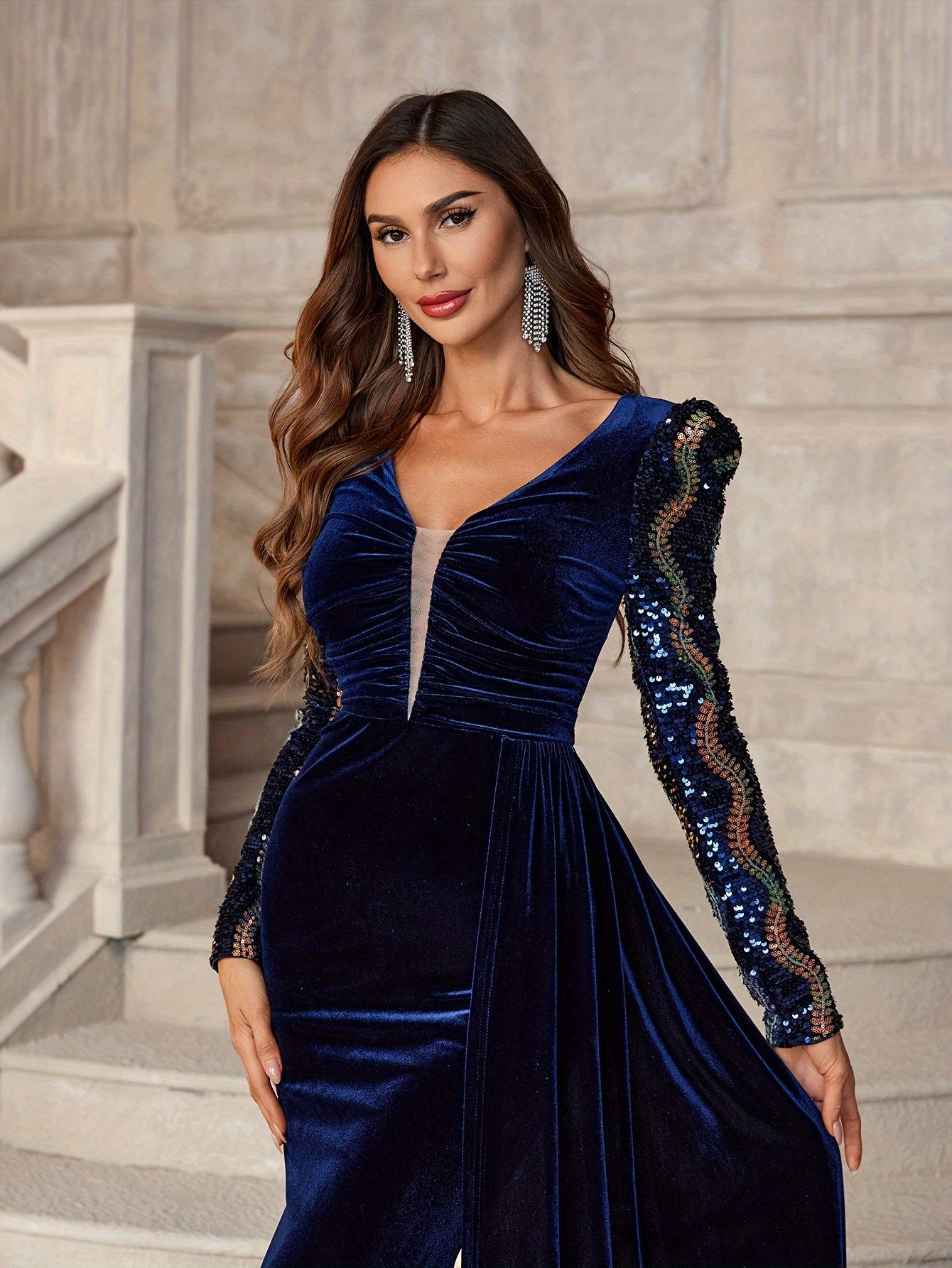 Sequined Bodycon Maxi Dress, Elegant Long Sleeve Sleeve Dress For Party & Banquet, Women's Clothing