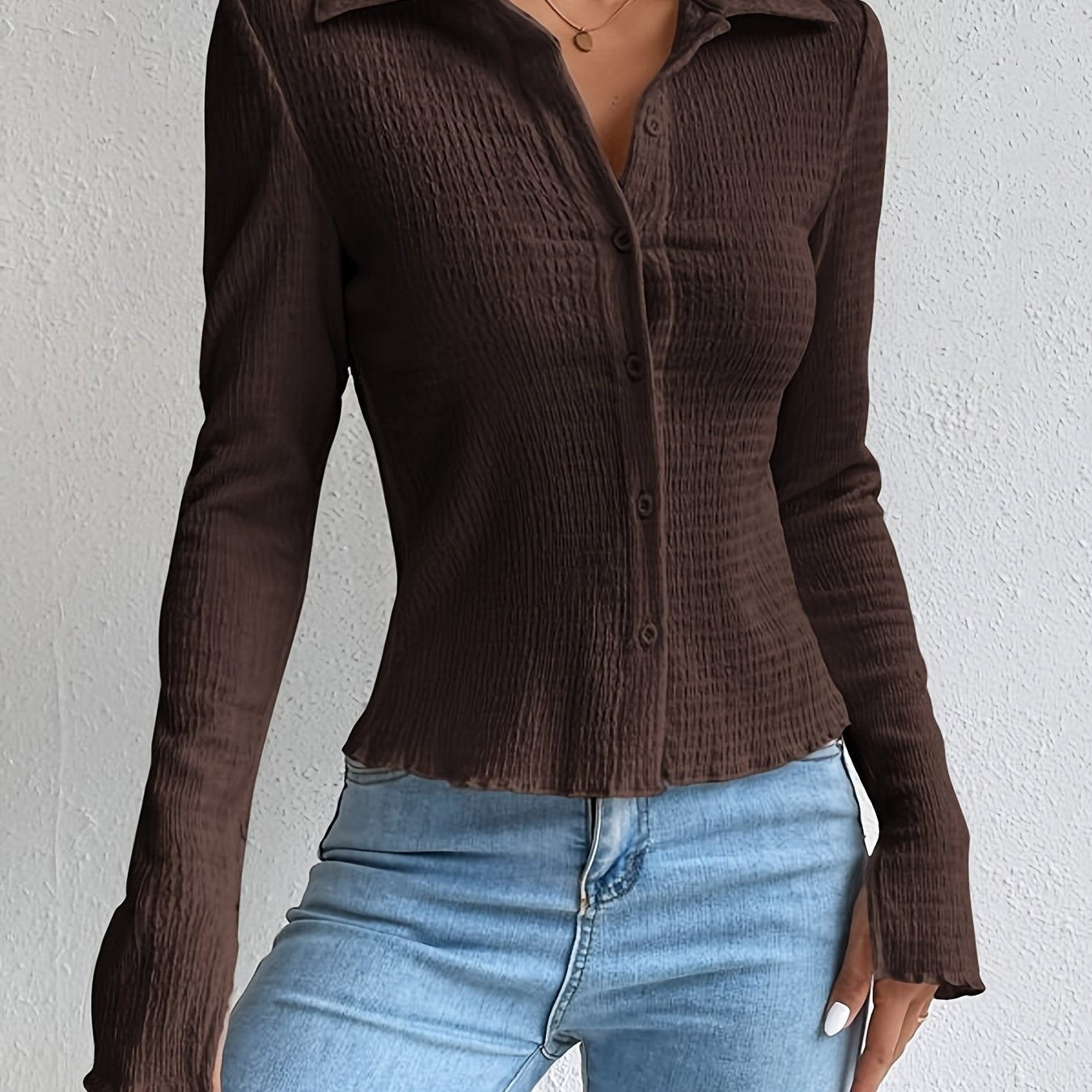 Sixsr Textured Button Front Collared Blouse, Casual Long Sleeve Top For Spring & Fall, Women's Clothing