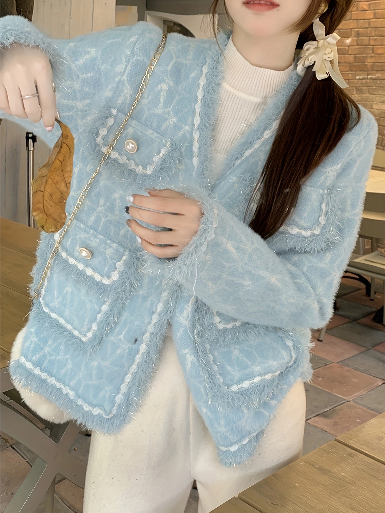 Sixsr Elegant Button Front Cardigan, Long Sleeve Contrast Trim Jacket For Fall & Winter, Women's Clothing