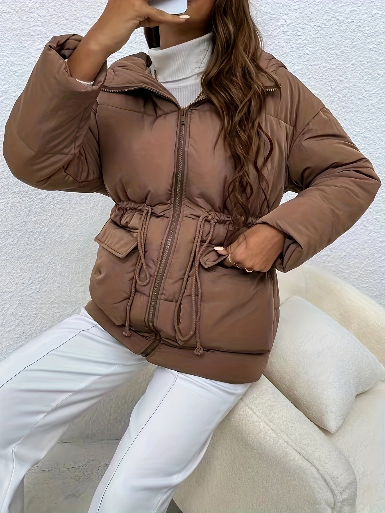 Sixsr Drawstring Warm Hooded Coat, Casual Zip Up Long Sleeve Winter Outerwear, Women's Clothing
