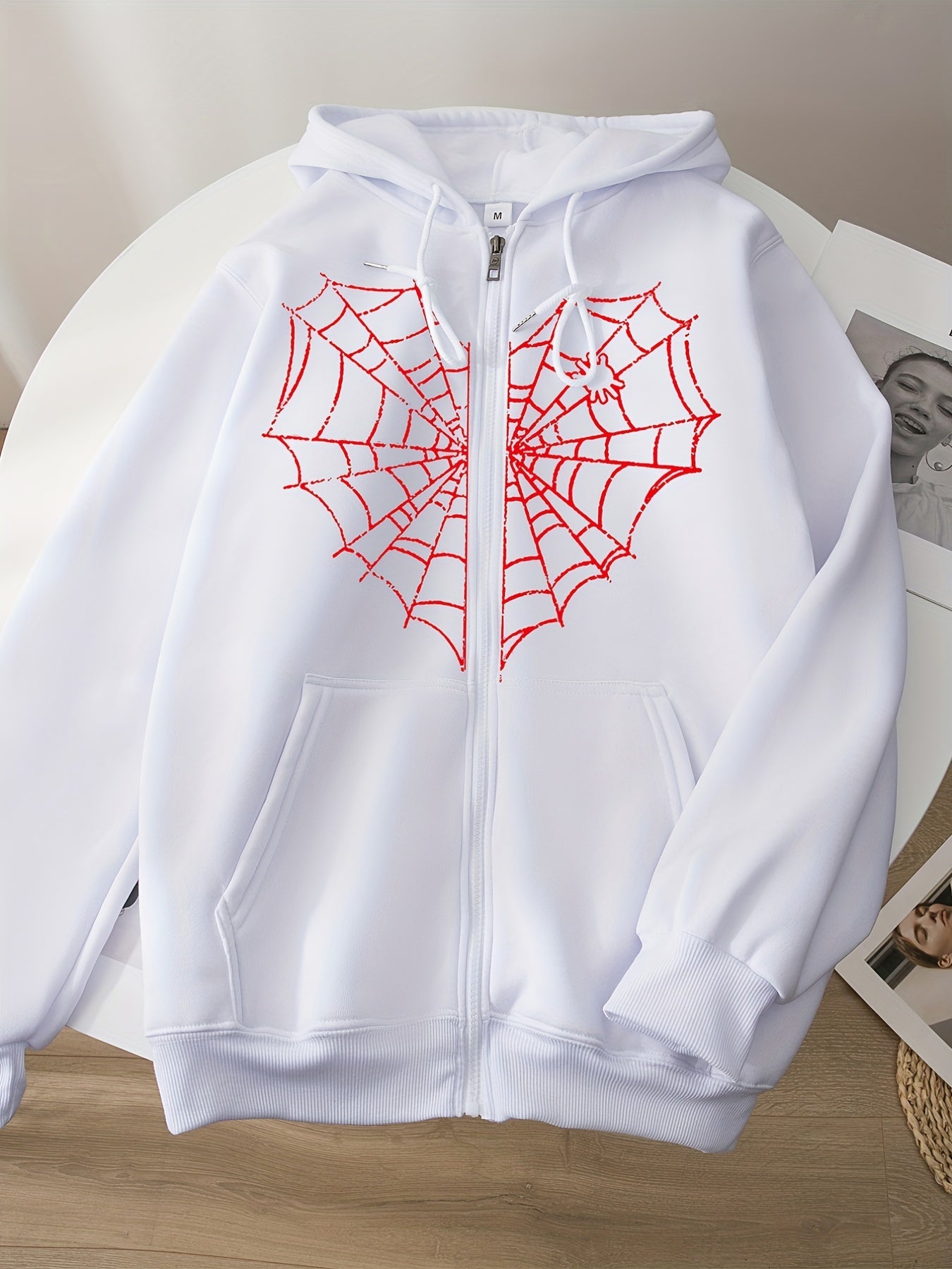 Sixsr Heart Web Print Zip Hoodie, Long Sleeve Zipper Thermal Hoodie Coat With Pocket, Streetwear Hooded Jacket