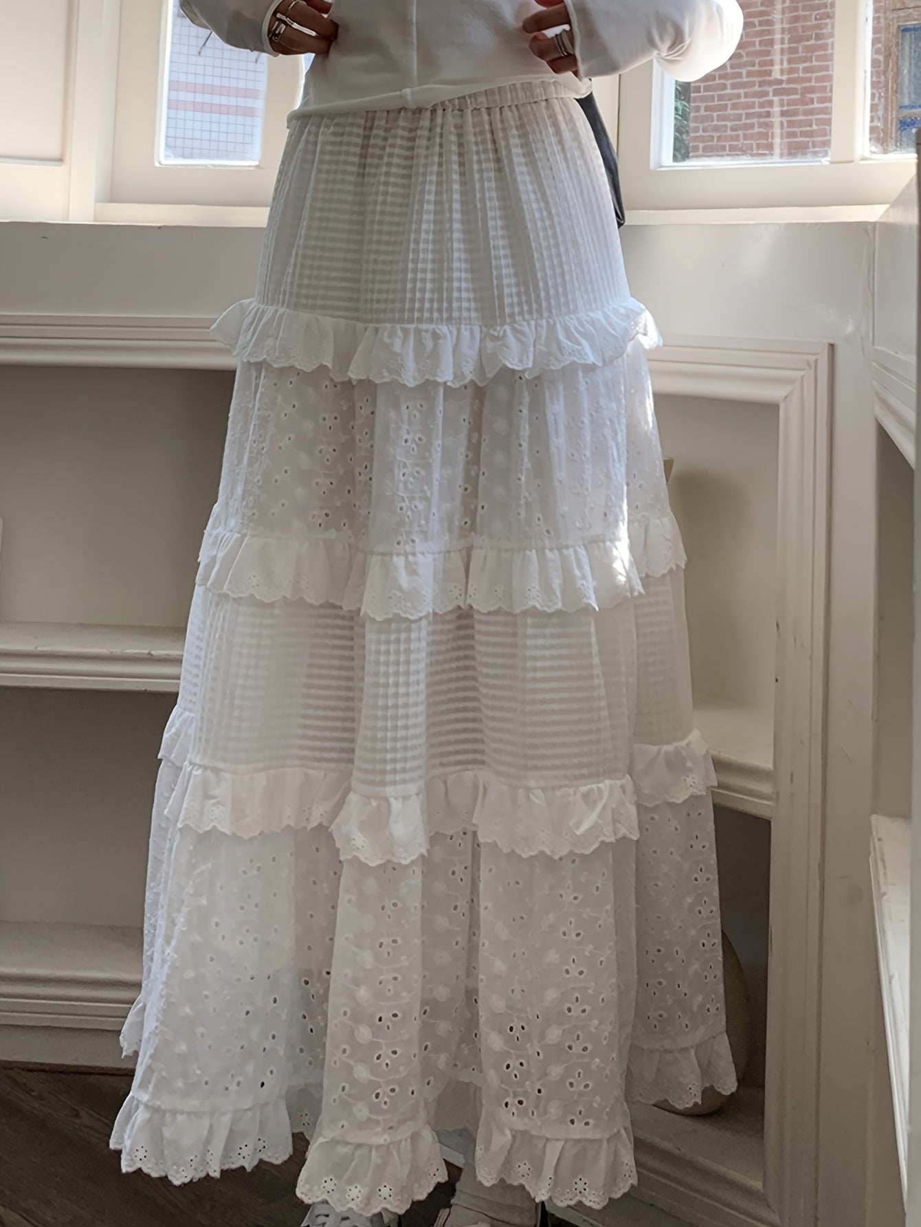Sixsr Eyelet Embroidered Layer Ruffle Maxi Skirt, Boho Elastic Waist A Line Skirt, Women's Clothing