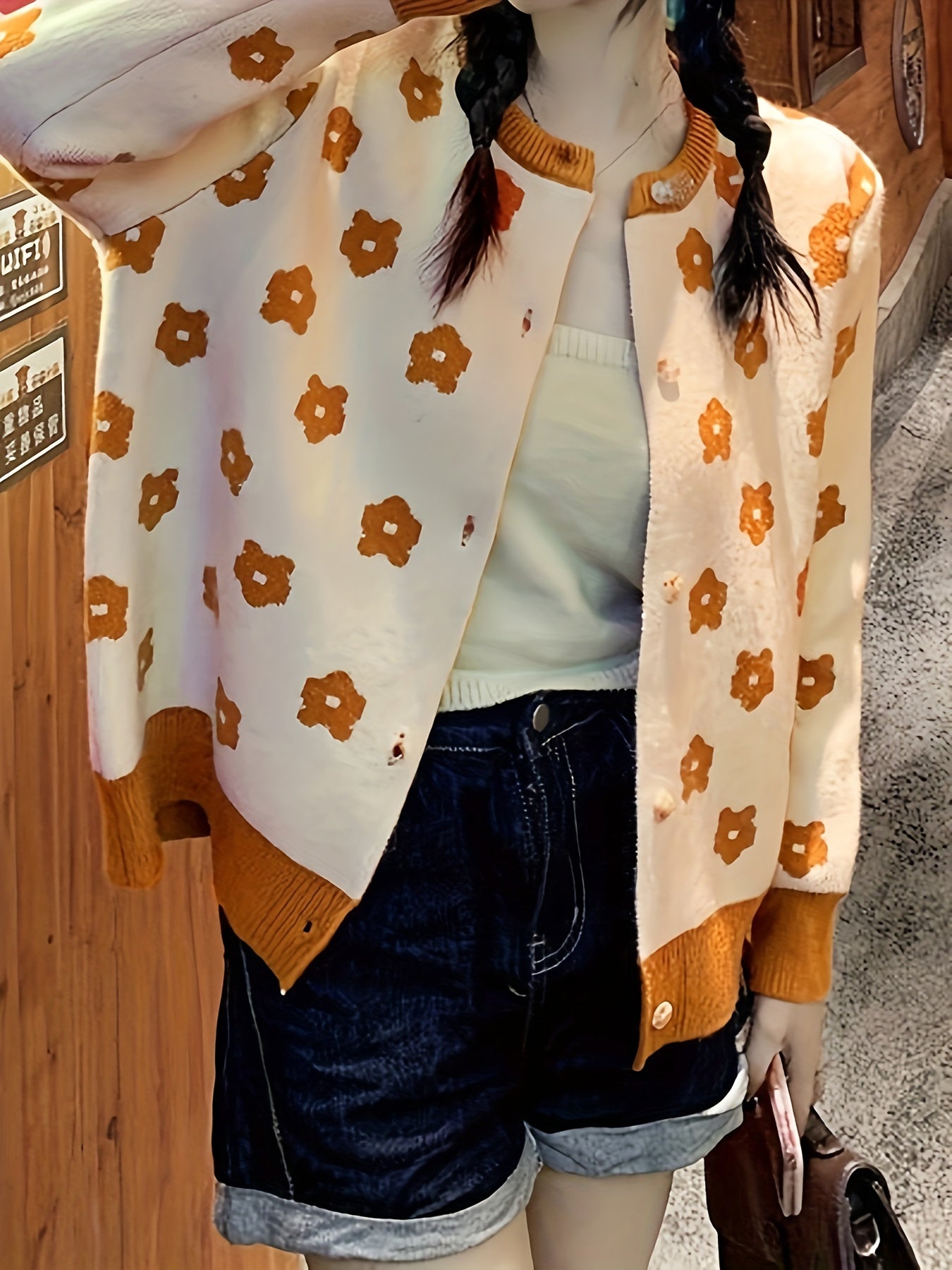 Sixsr Floral Pattern Button Front Cardigan, Vintage Long Sleeve Drop Shoulder Outwear, Women's Clothing