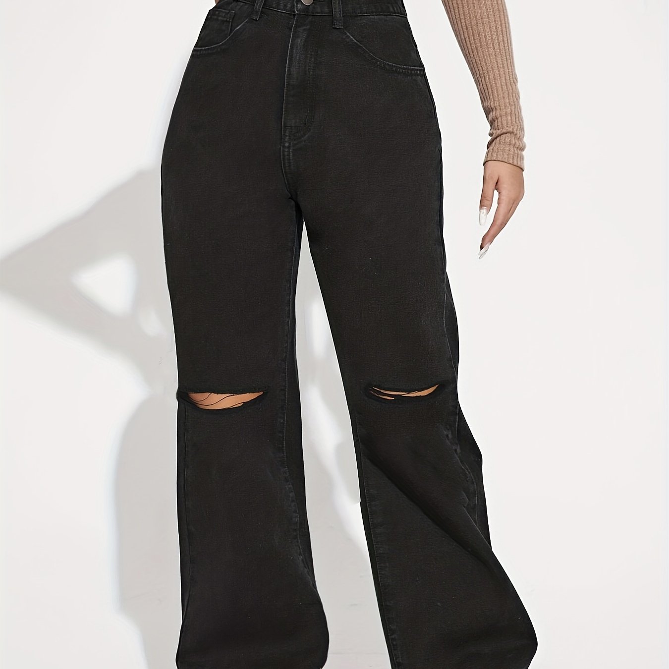 Sixsr Black Ripped Loose Fit Straight Jeans, Wide Leg Slash Pockets High Waist Non-Stretch Denim Pants, Women's Denim Jeans & Clothing