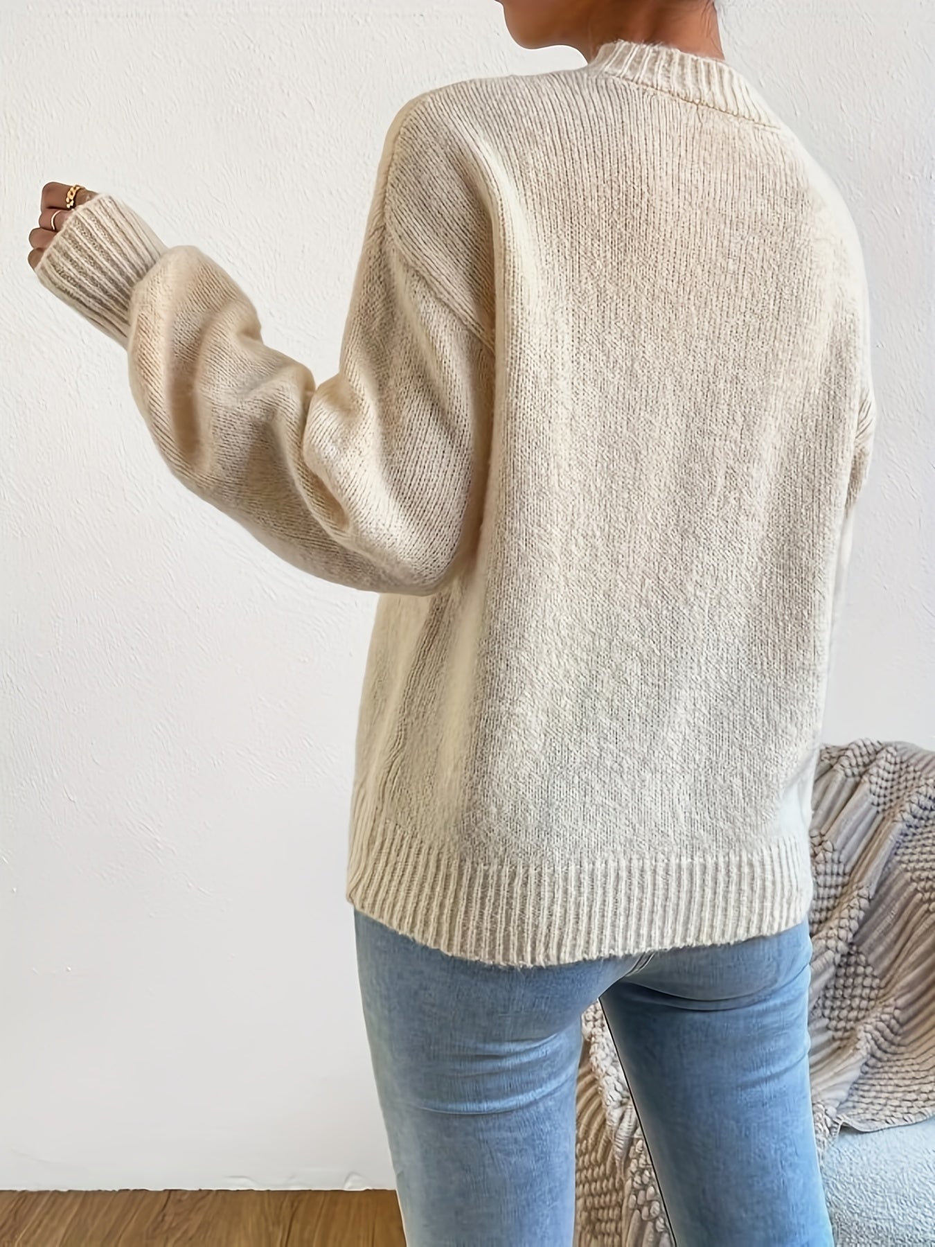 Sixsr Solid Crew Neck Pullover Sweater, Casual Long Sleeve Sweater For Fall & Winter, Women's Clothing