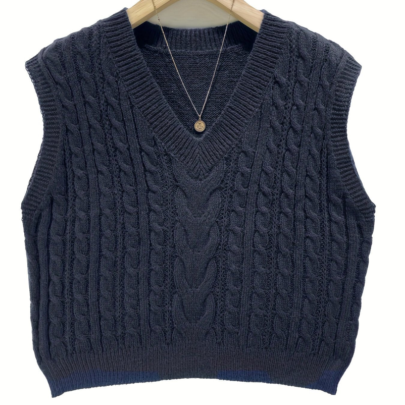 Sixsr Cable Knit Sweater Vest, Preppy Solid Sleeveless V Neck Vest, Women's Clothing