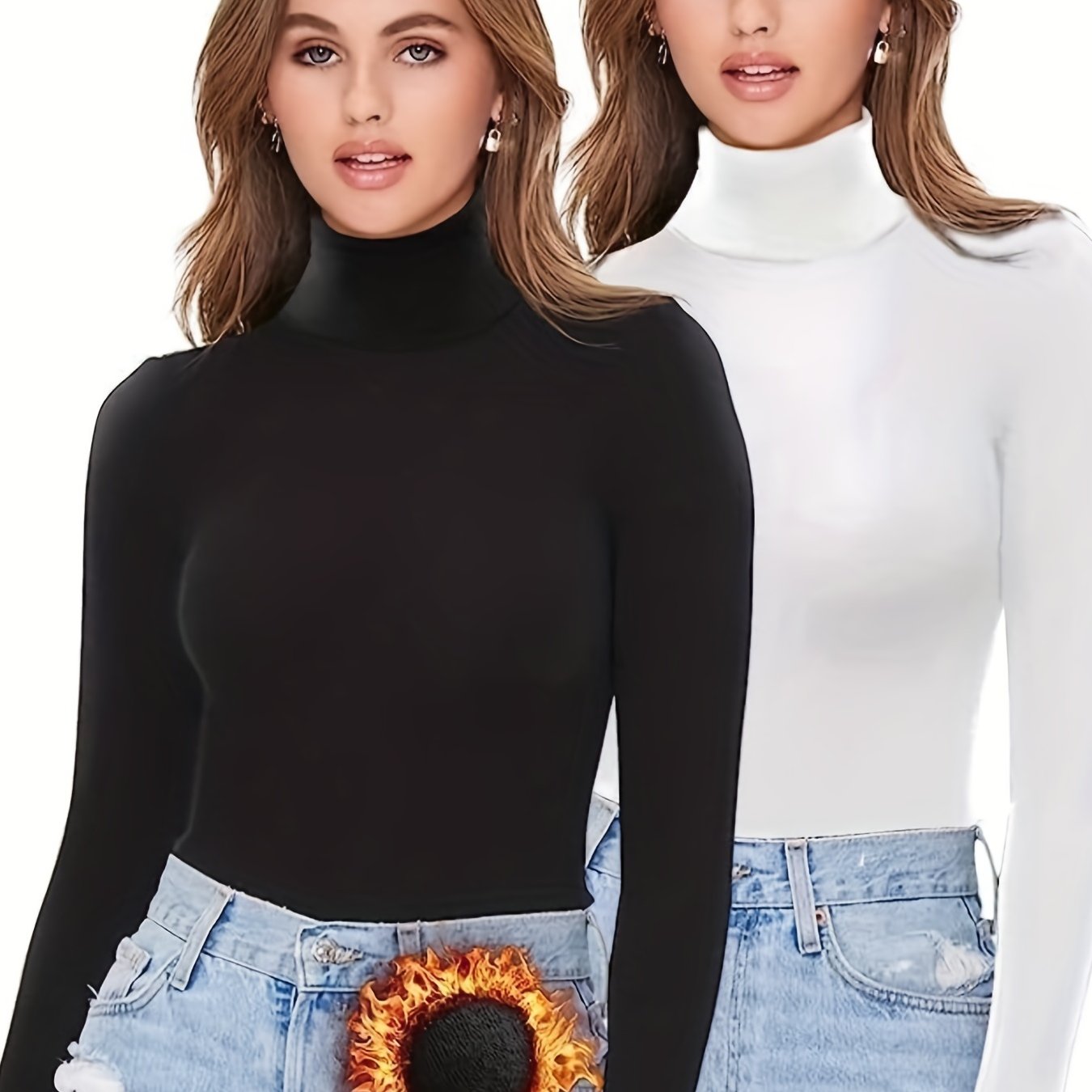 Sixsr 2 Packs Warm Turtleneck T-Shirts, Casual Long Sleeve Top For Spring & Fall, Women's Clothing