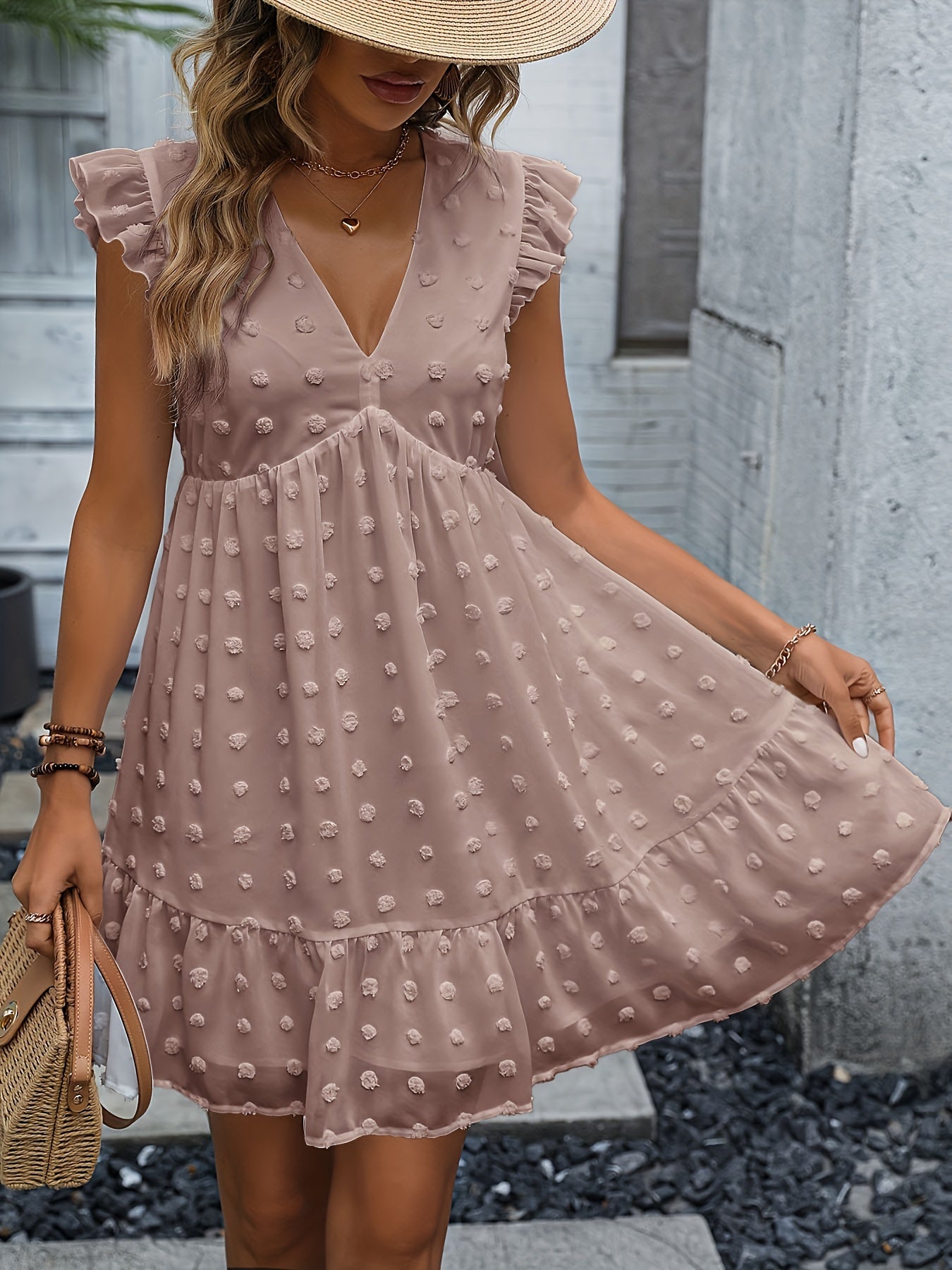 Sixsr Swiss Dot Ruffle Hem Dress, Elegant V Neck Dress For Spring & Summer, Women's Clothing