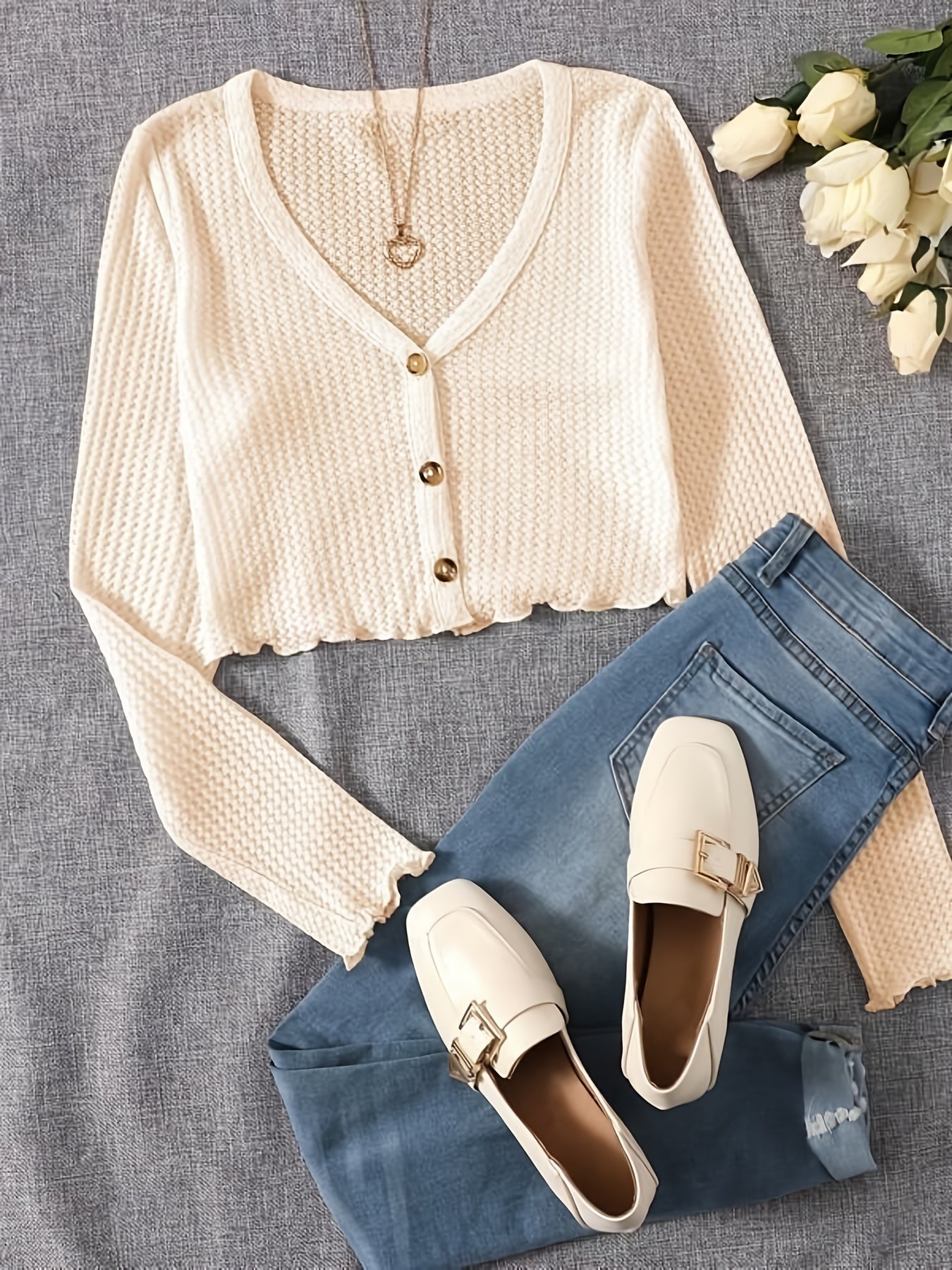 Sixsr Solid Lettuce Trim Knit Cardigan, Casual Button Front Long Sleeve Sweater, Women's Clothing