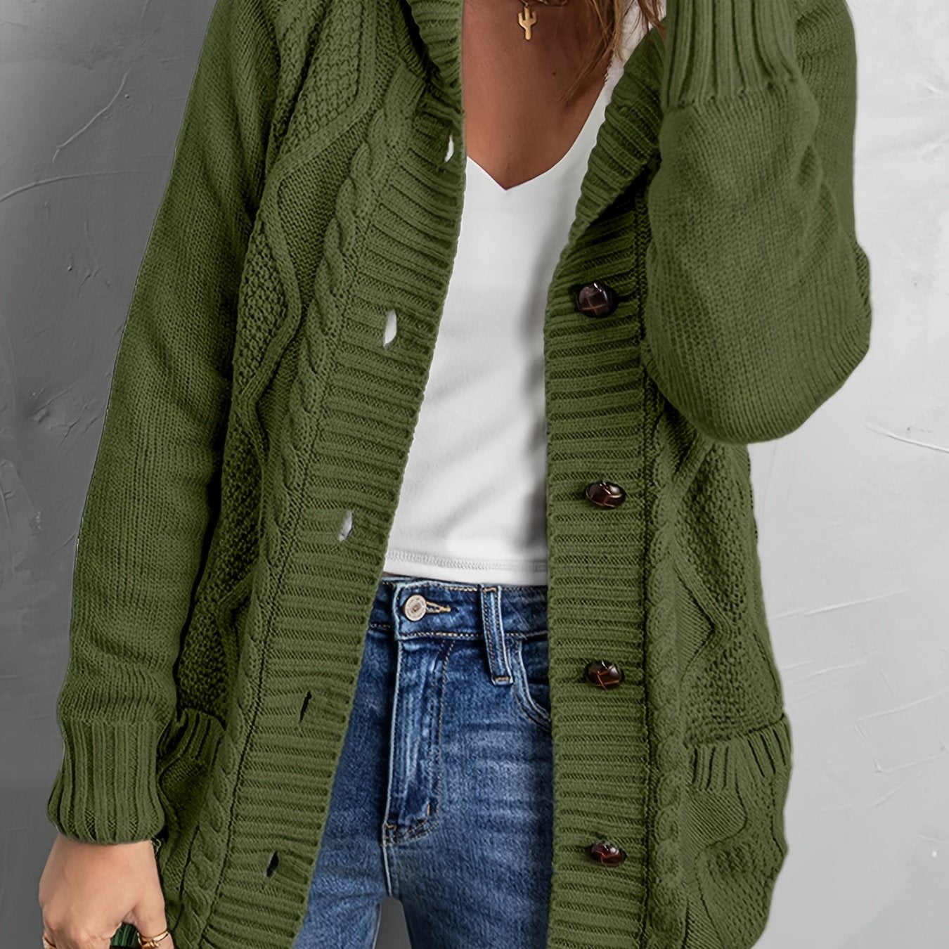 Sixsr Oversized Knit Hoodie, Long Chunky Knit Front Pocket Hooded Cardigan Sweater, Casual Tops For Fall & Winter, Women's Clothing