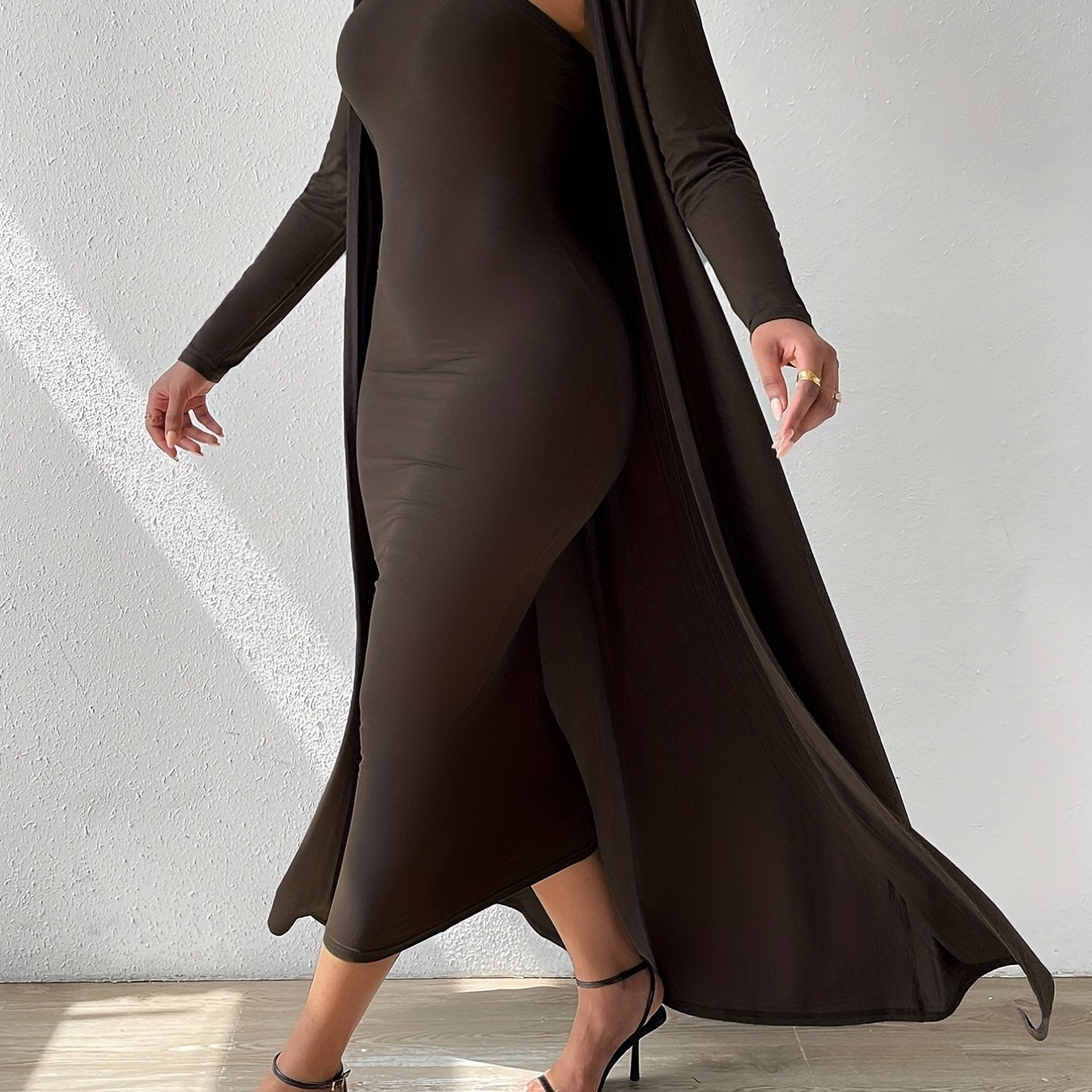 Sixsr Solid Sexy Two-piece Set, Long Sleeve Open Front Cardigan & Off Shoulder Bodycon Dress Outfits, Women's Clothing