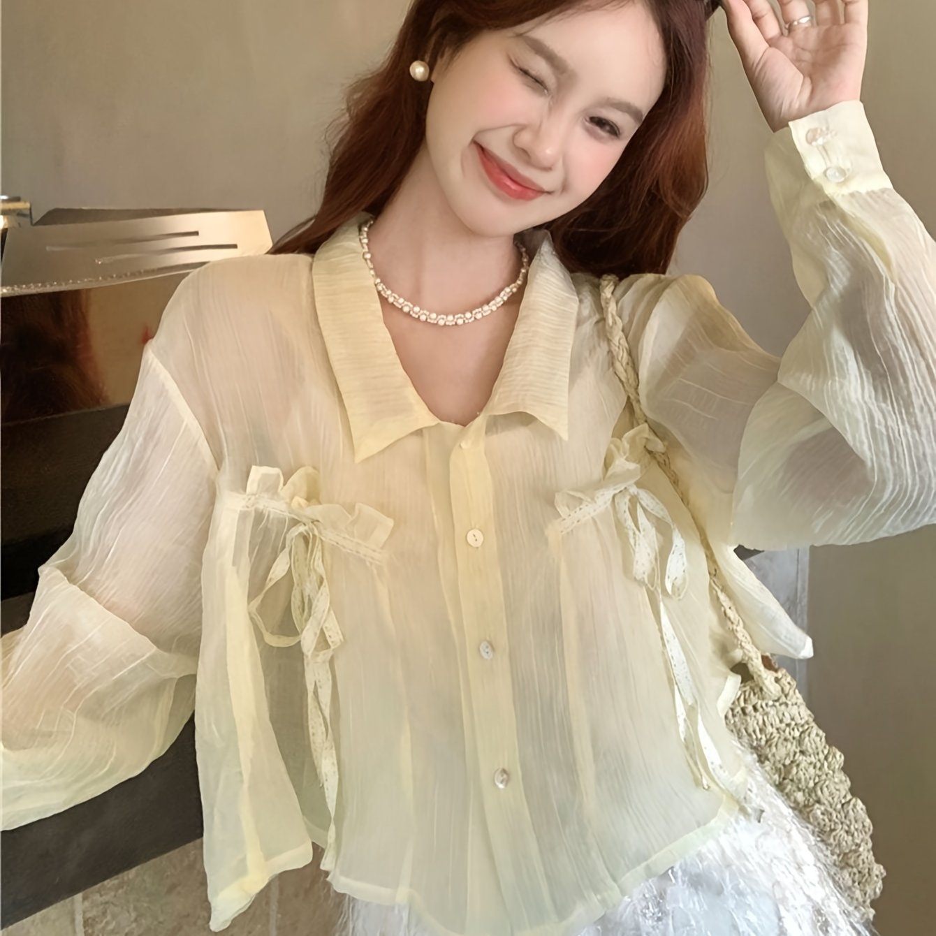 Sixsr Solid Ruffle Trim Mesh Blouse, Elegant Long Sleeve Button Front Blouse For Spring & Fall, Women's Clothing