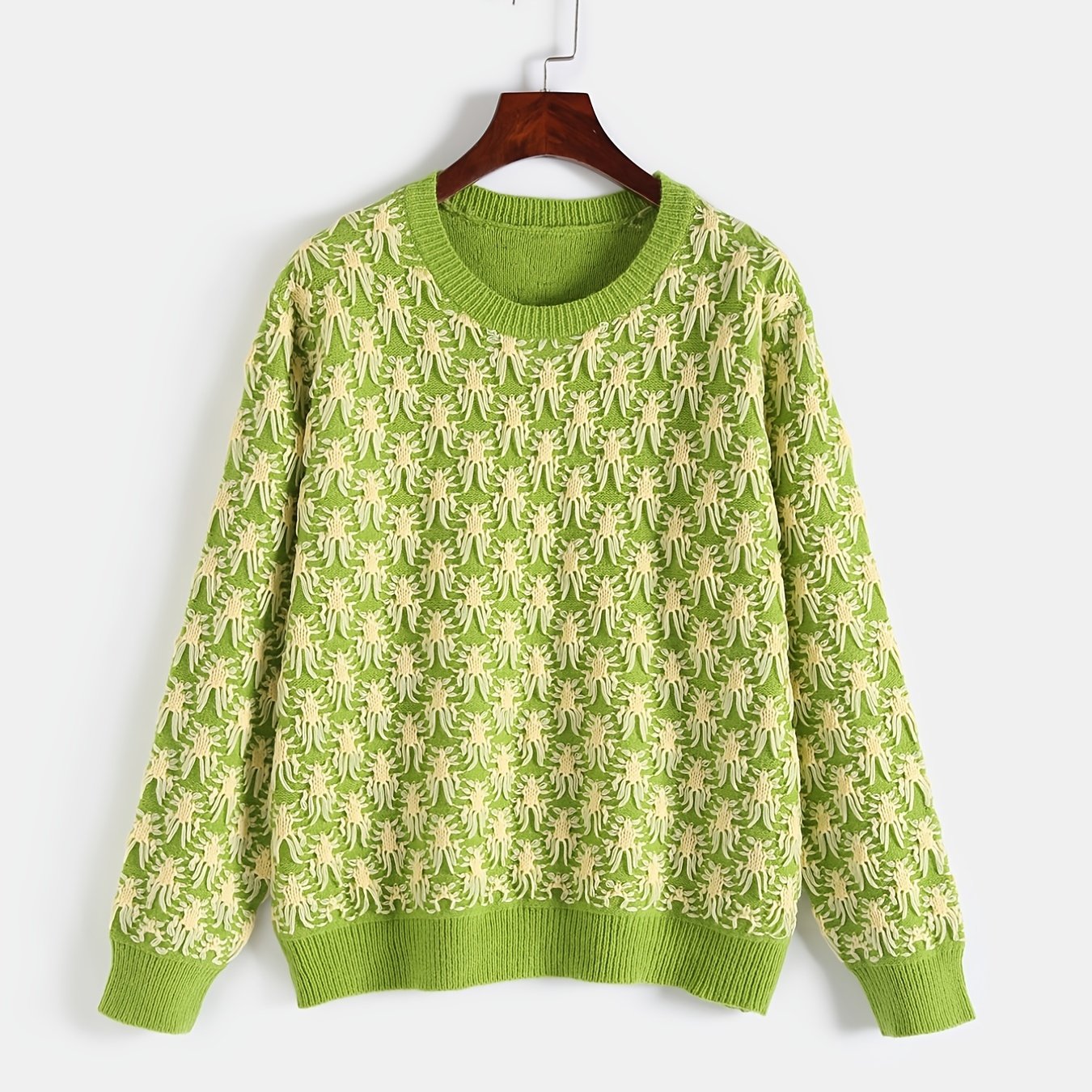 Sixsr Plus Size Jacquard Long Sleeve Knitwear, Women's Plus Casual Round Neck Slight Stretch Pullover Sweater