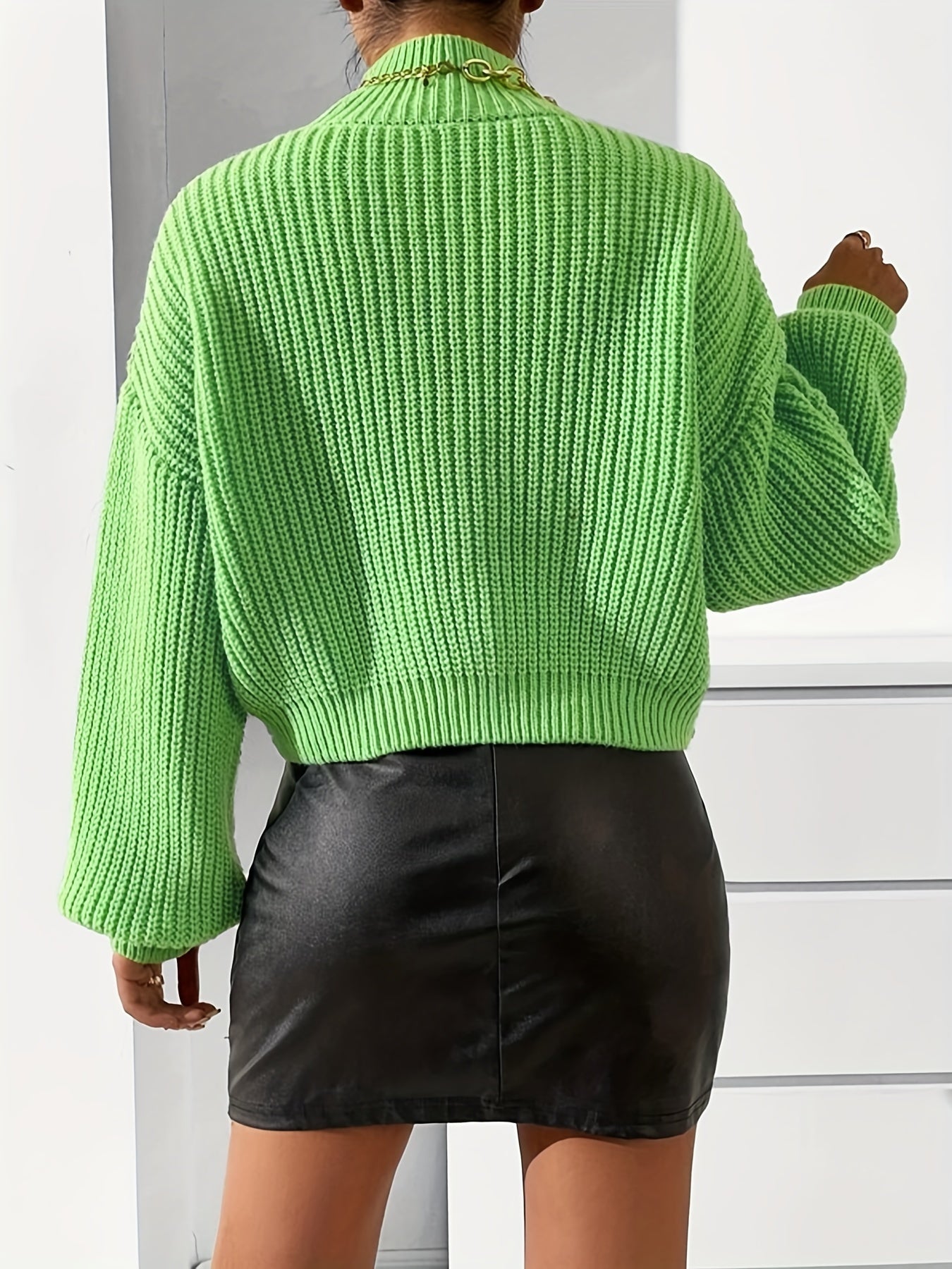 Sixsr Solid Turtle Neck Pullover Sweater, Casual Lantern Sleeve Sweater For Fall & Winter, Women's Clothing