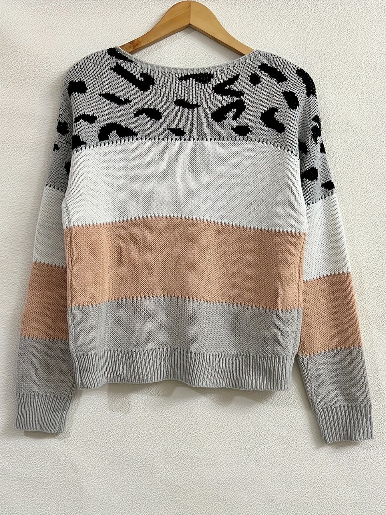 Sixsr Contrast Leopard Print Boat Neck Pullover Sweater, Casual Long Sleeve Sweater For Spring & Fall, Women's Clothing