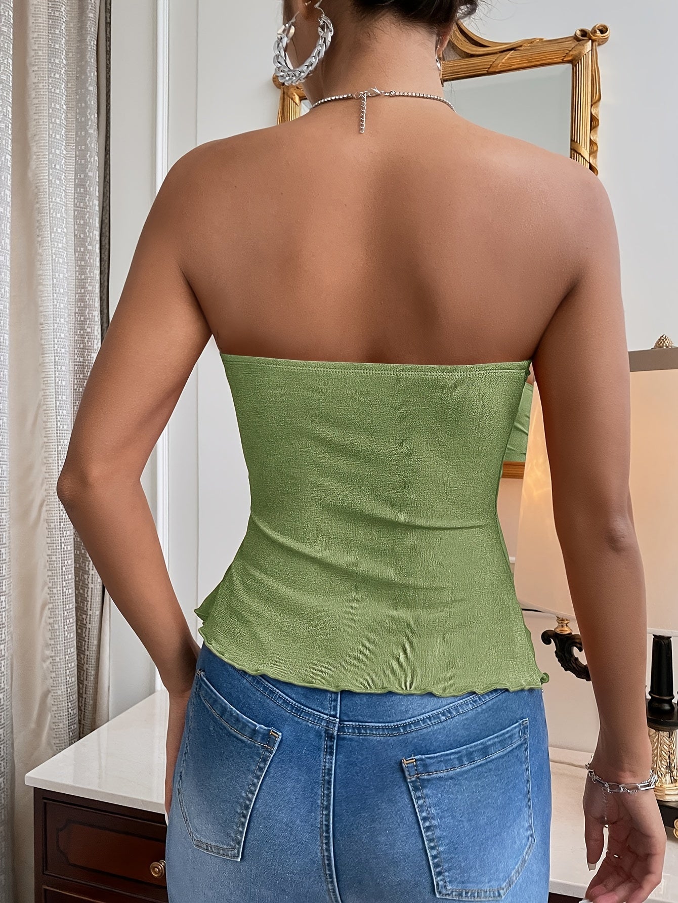 Sixsr  Lettuce Trim Drawstring Ruched Tube Top, Versatile Strapless Solid Tube Top For Summer, Women's Clothing