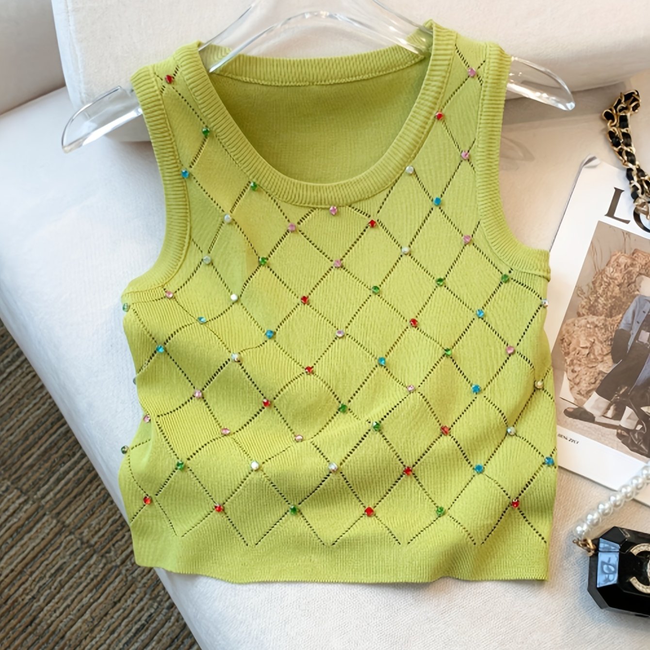 Sixsr Colorful Rhinestone Knitted Tank Top, Casual Crew Neck Sleeveless Tank Top For Summer, Women's Clothing