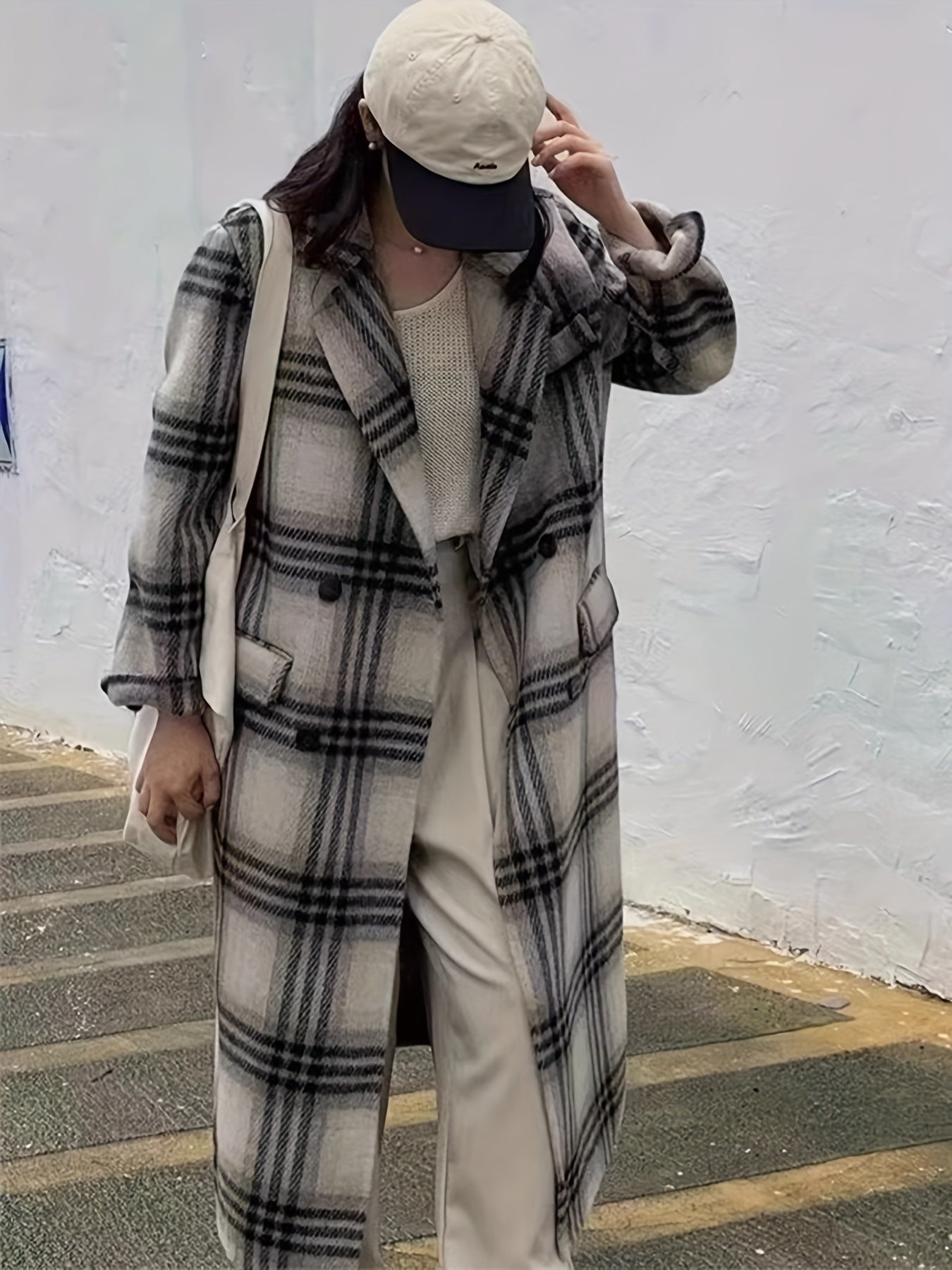 Sixsr Plaid Print Double-breasted Coat, Casual Long Sleeve Notched Collar Coat For Fall & Winter, Women's Clothing