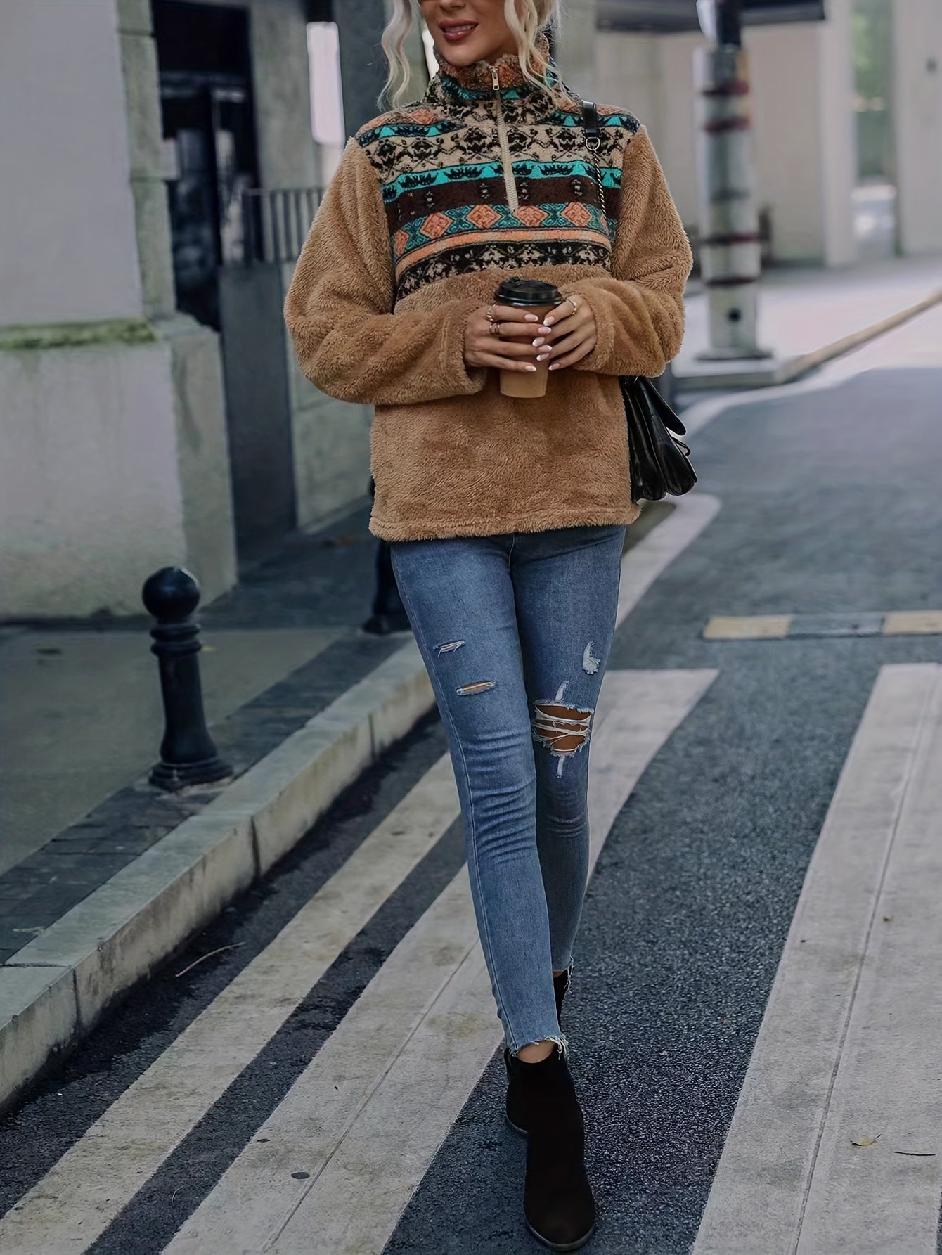 Sixsr Ethnic Pattern Teddy Coat, Vintage Zipper Long Sleeve Outerwear, Women's Clothing