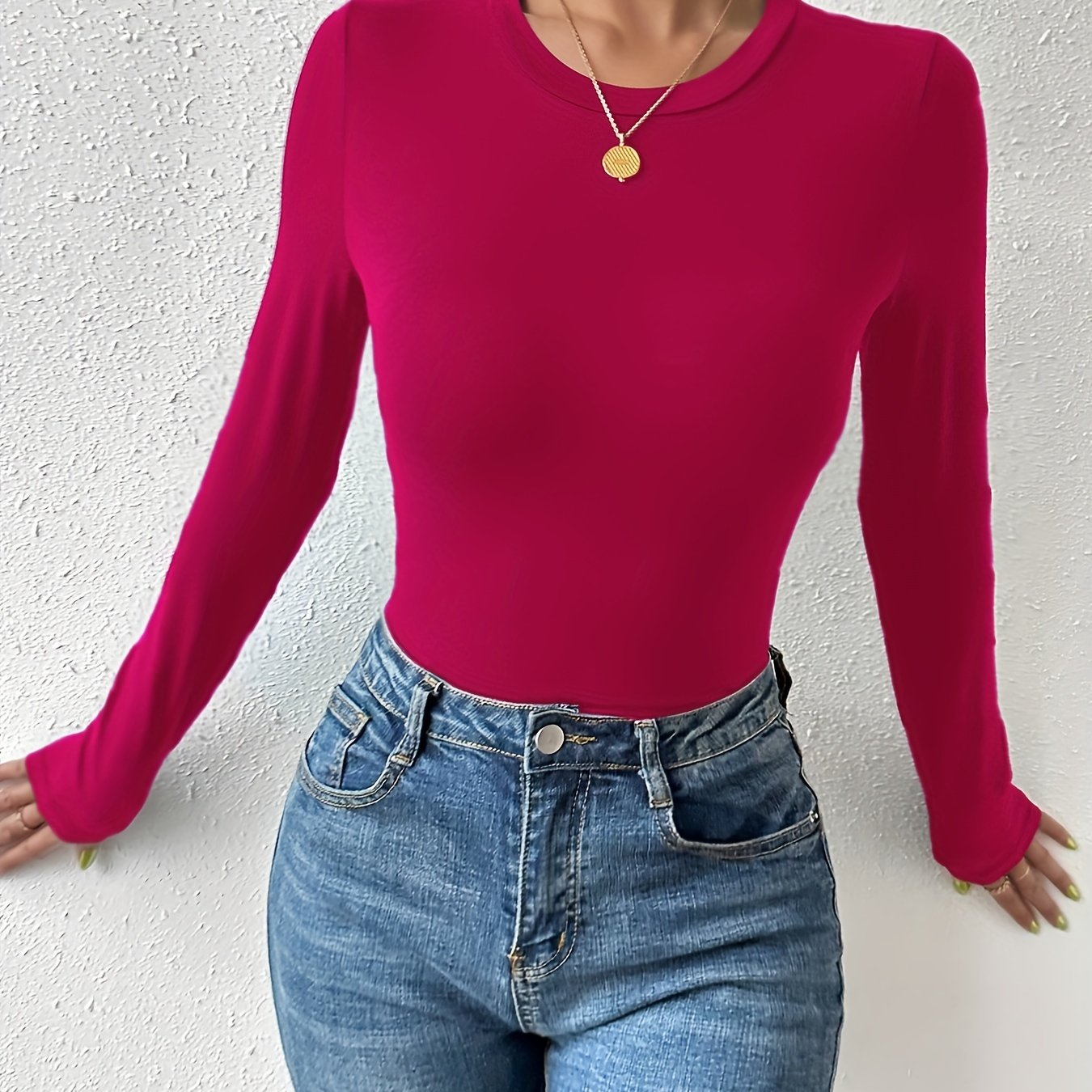 Sixsr Basic Skinny Stretchy Top, Long Sleeve Crew Neck Solid T-Shirts, Casual Every Day Tops, Women's Clothing