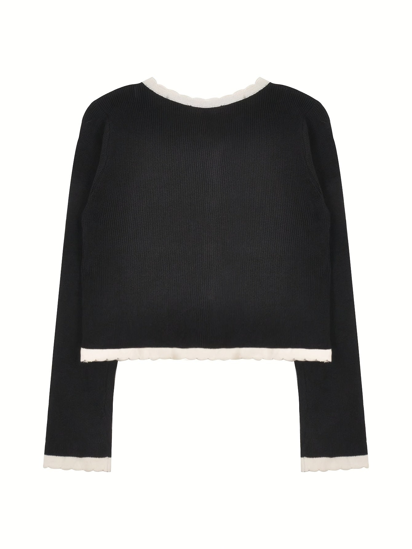 Sixsr Scallop Trim Button Up Knit Cardigan, Elegant Long Sleeve Slim Crop Cardigan, Women's Clothing