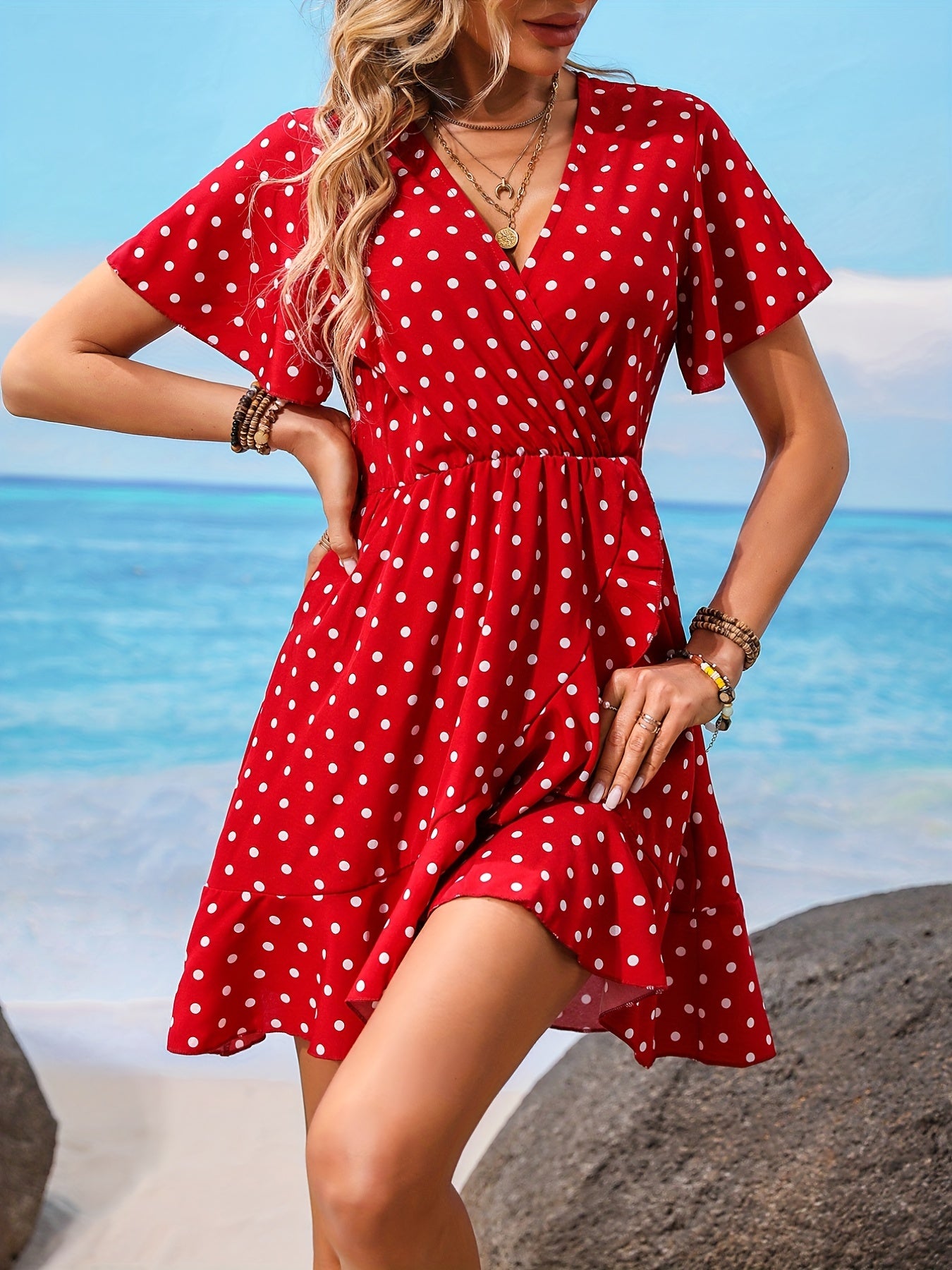 Sixsr Polka Dot Ruffle Hem Dress, Casual V Neck Short Sleeve Dress, Women's Clothing