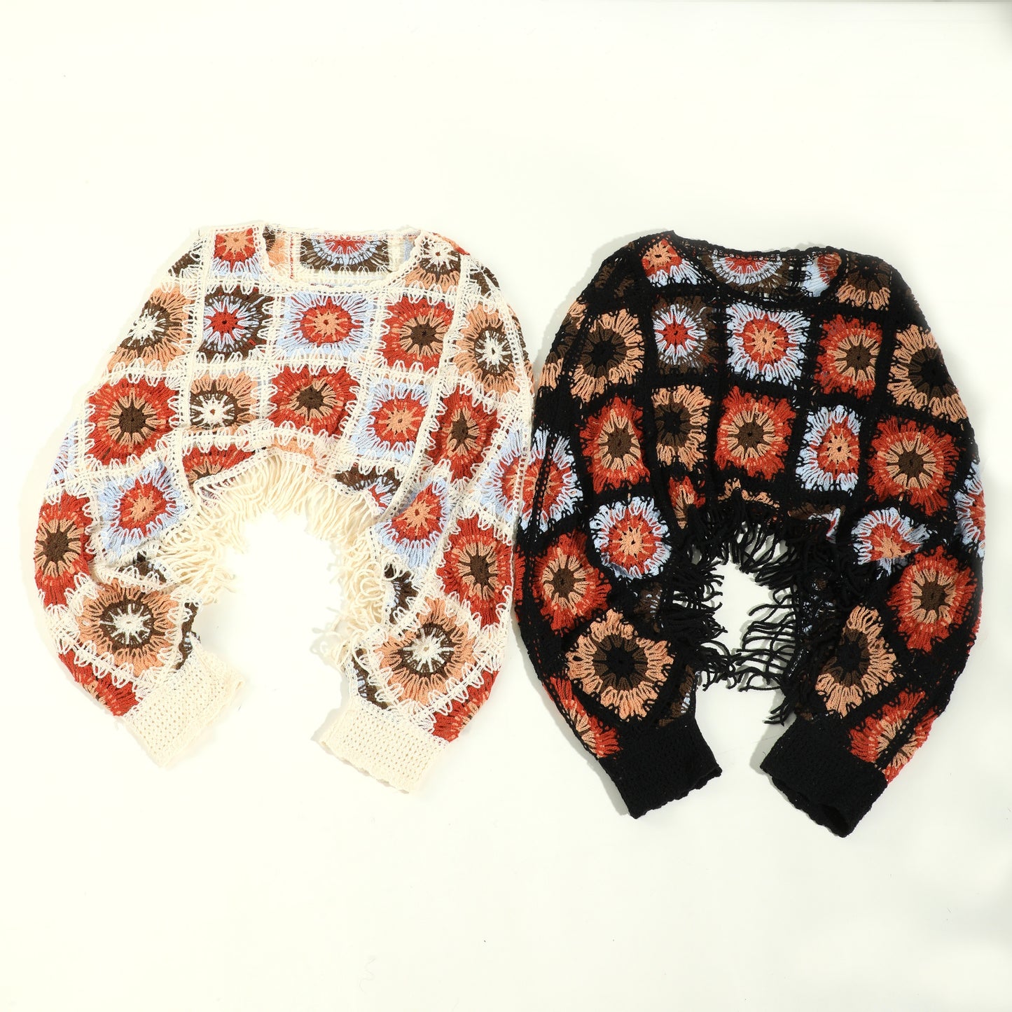 Sixsr Floral Hollow Out Tassel Shawl Elegant Long-sleeved Pullover Shawl Casual Daily Travel Versatile Coat