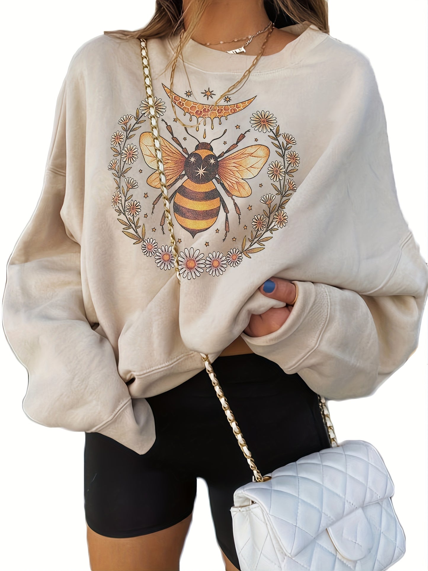 Sixsr Round Neck Bee Print Pullover, Casual Fashion Loose Long Sleeve Sweatshirt, Women's Clothing