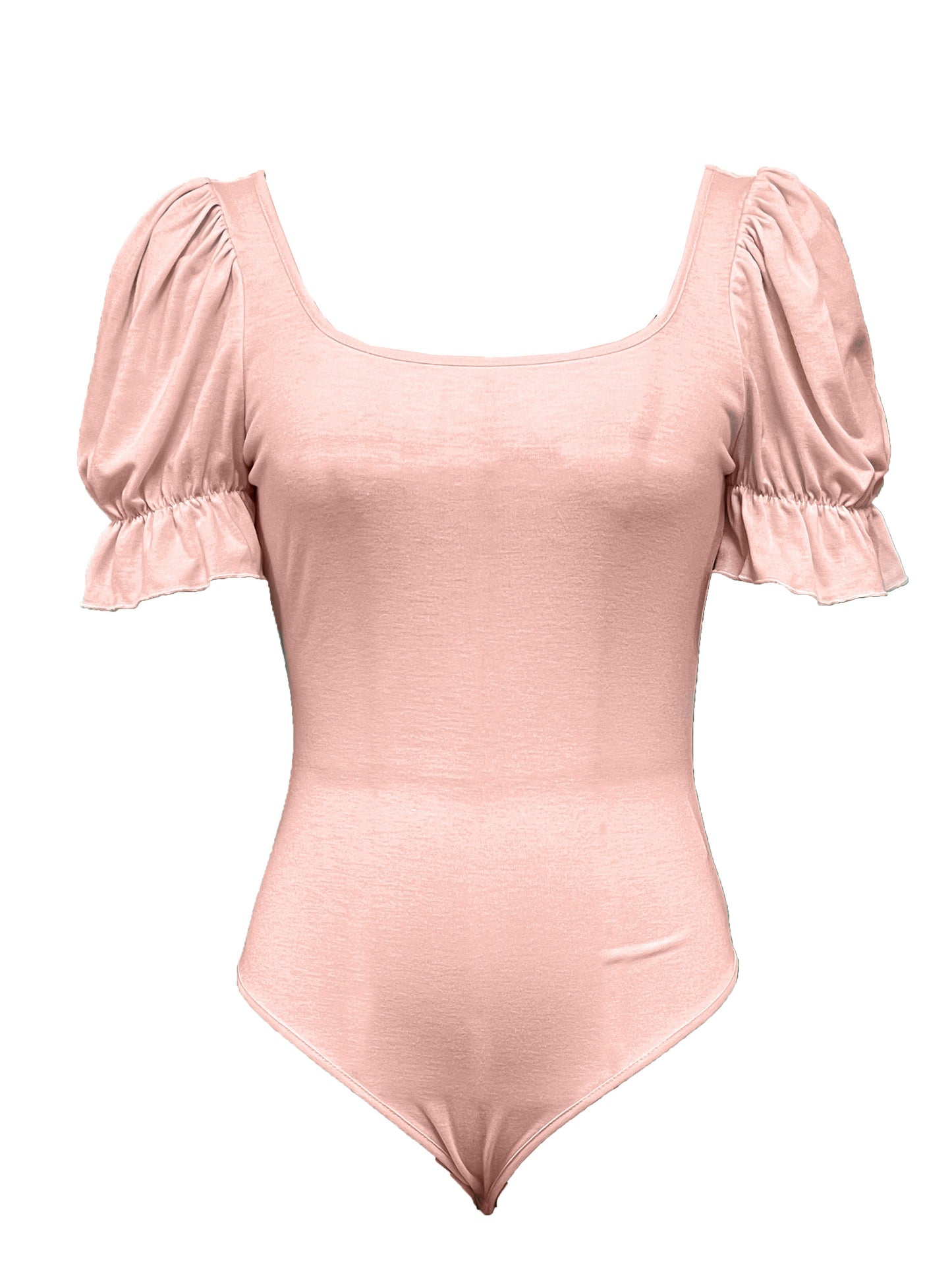 Solid Puff Sleeve Square Neck Bodysuit, Short Sleeve Sexy Casual Bodysuit, Women's Clothing